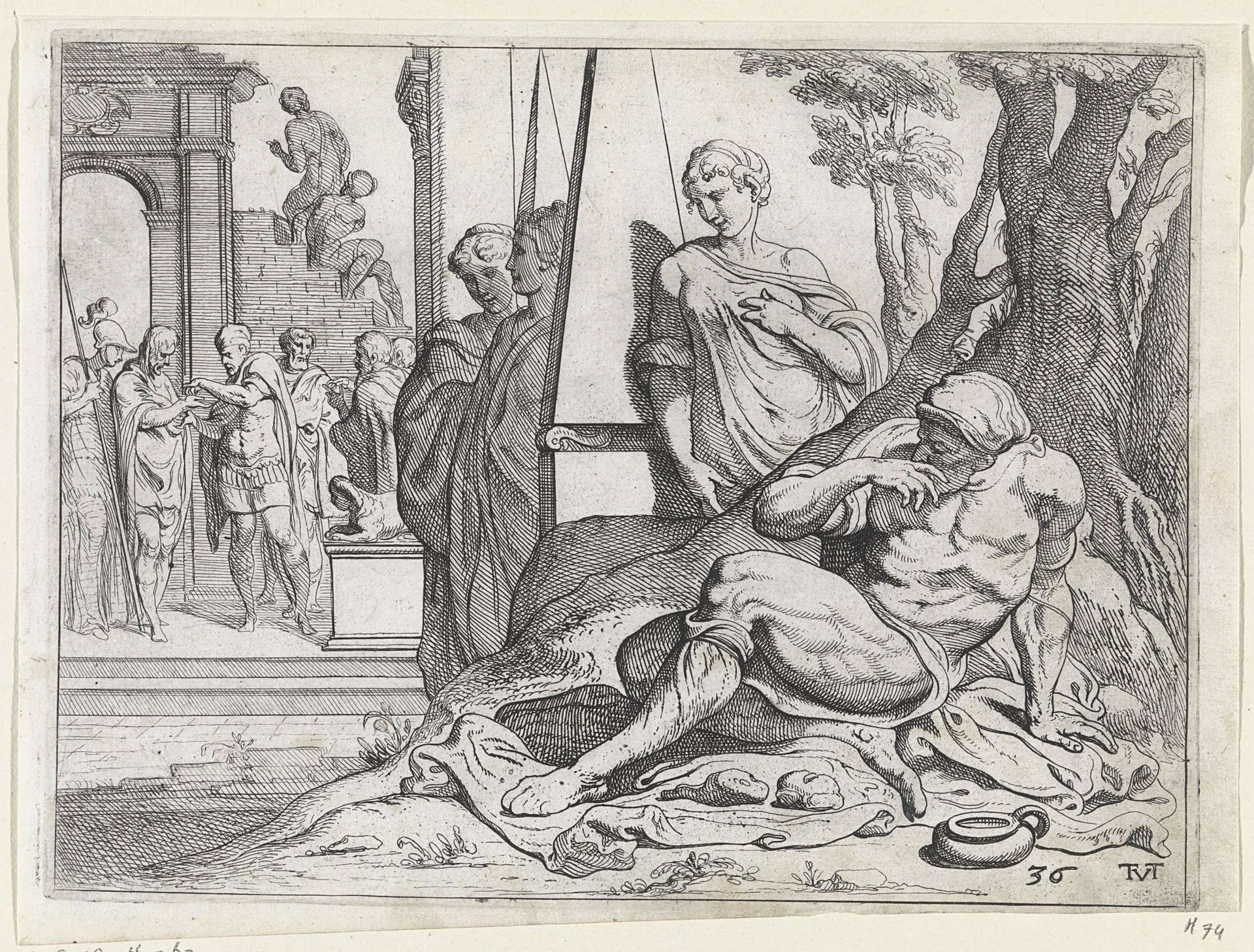 Odysseus als bedelaar aan de deur van zijn huis by Theodoor van Thulden