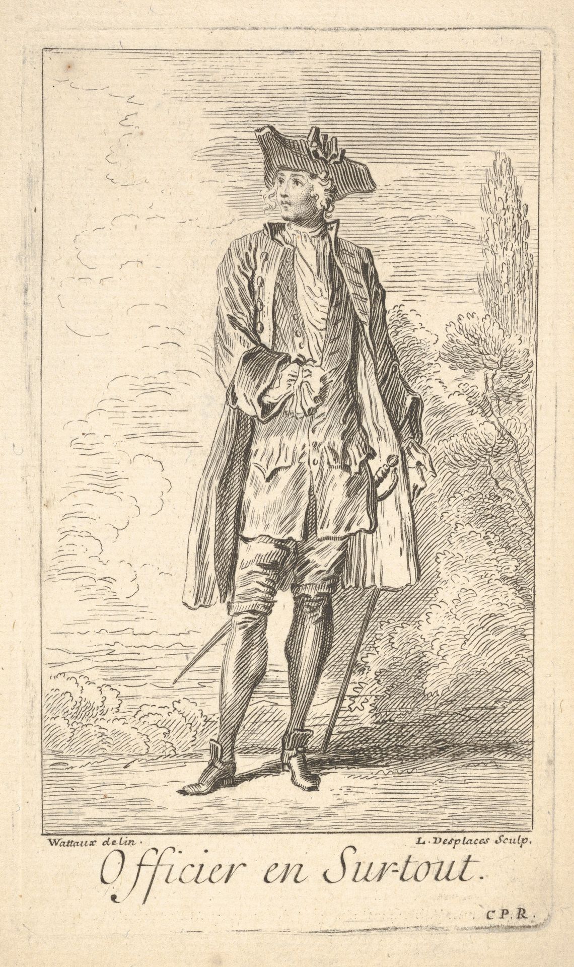 Man in officer's dress, with sword hanging at left hip, shown in frontal view with his head turned toward the left, trees beyond by Louis Desplaces