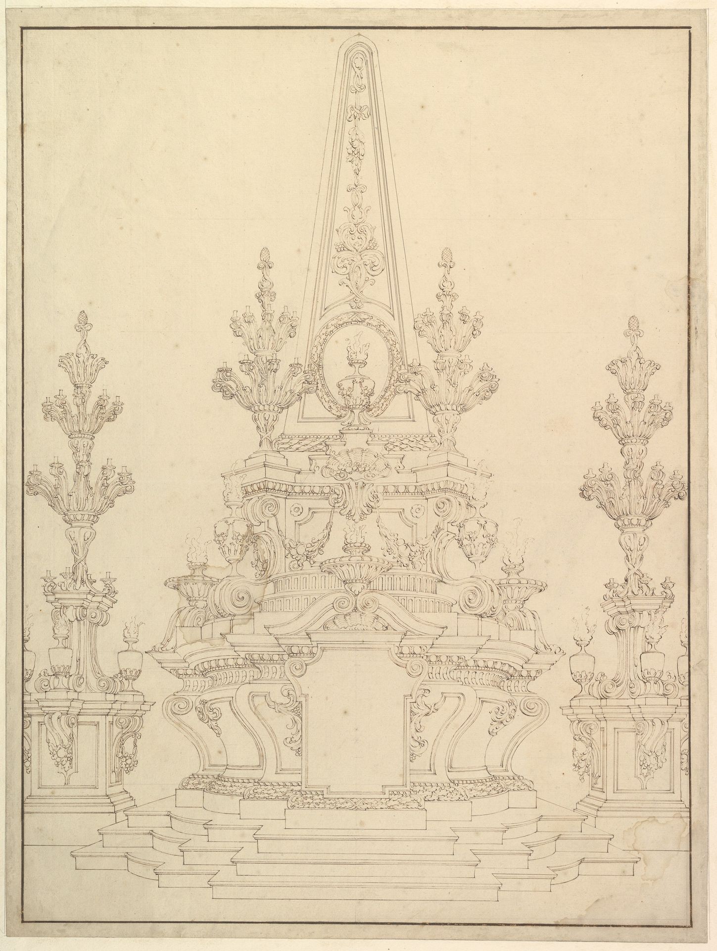 Elevation of a Catafalque: Two Pedestals with Candelabra at Sides; with Central Obelisk Surrounded by Candelabra.
Verso: Sketch of architecture: archway and corner with pillars. by Giuseppe Galli Bibiena