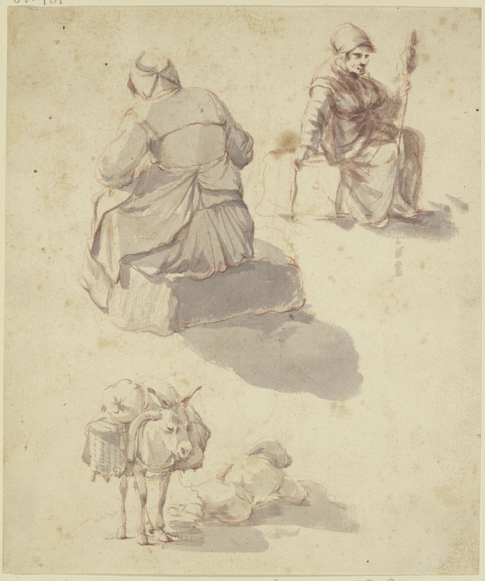 Eine spinnende Frau, eine weitere sitzende Fau in Rückansicht sowie ein beladener Esel, neben ihm der schlafende Treiber by Karel Dujardin