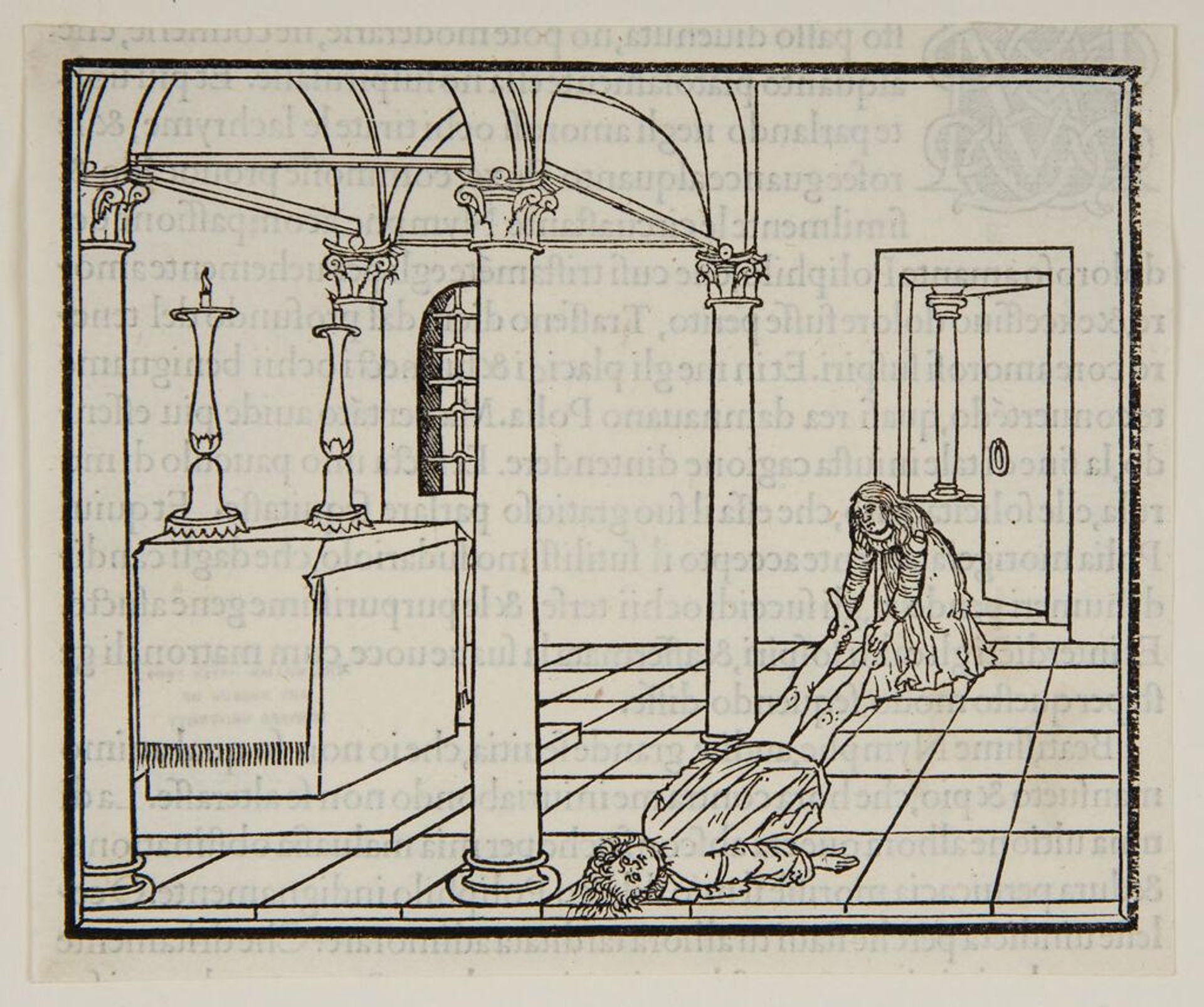 Polia drags her prostrate lover by his feet out of the sanctuary (fol. B recto) by Anonymous