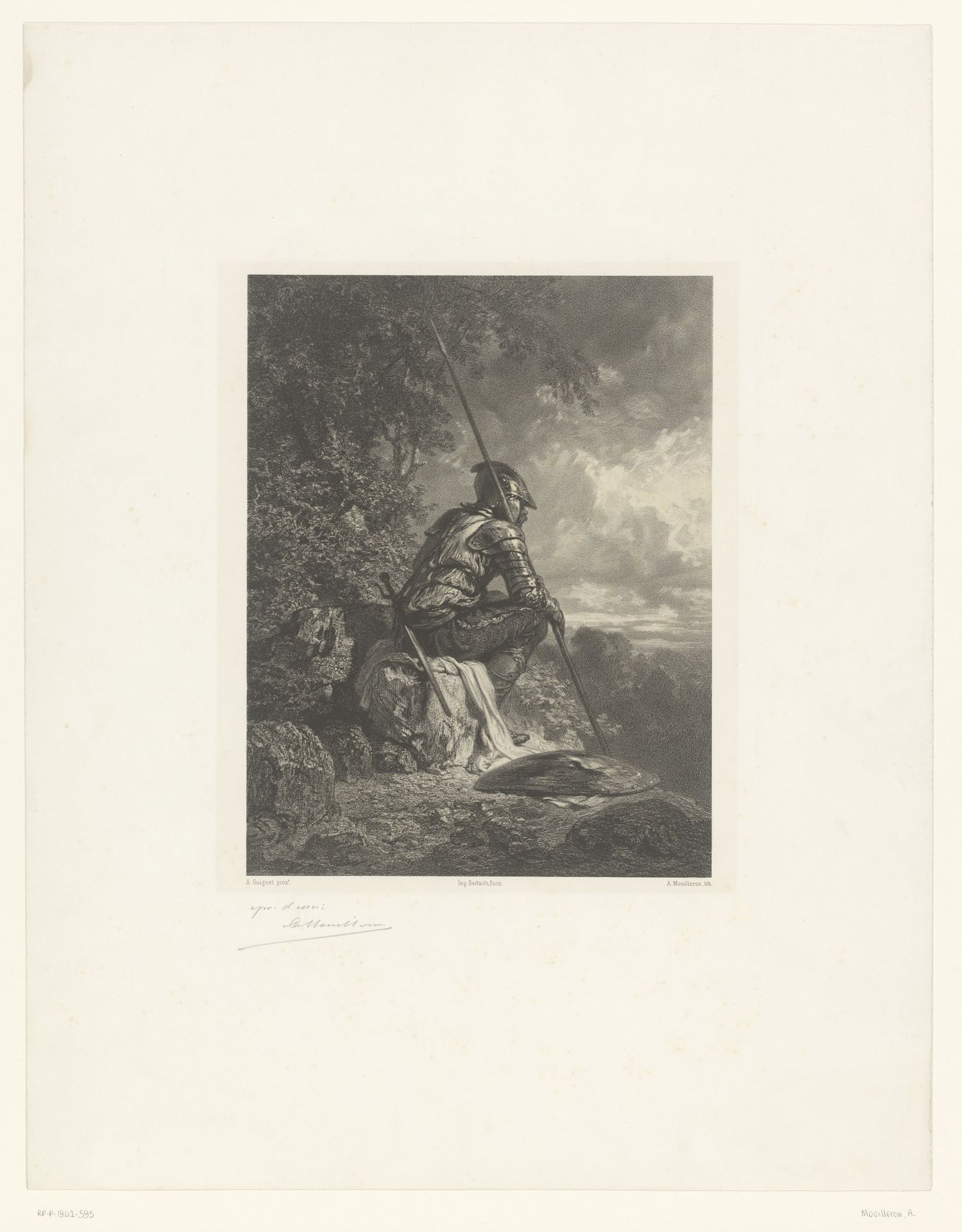 Militair in harnas kijkt uit over vallei by Adolphe Mouilleron