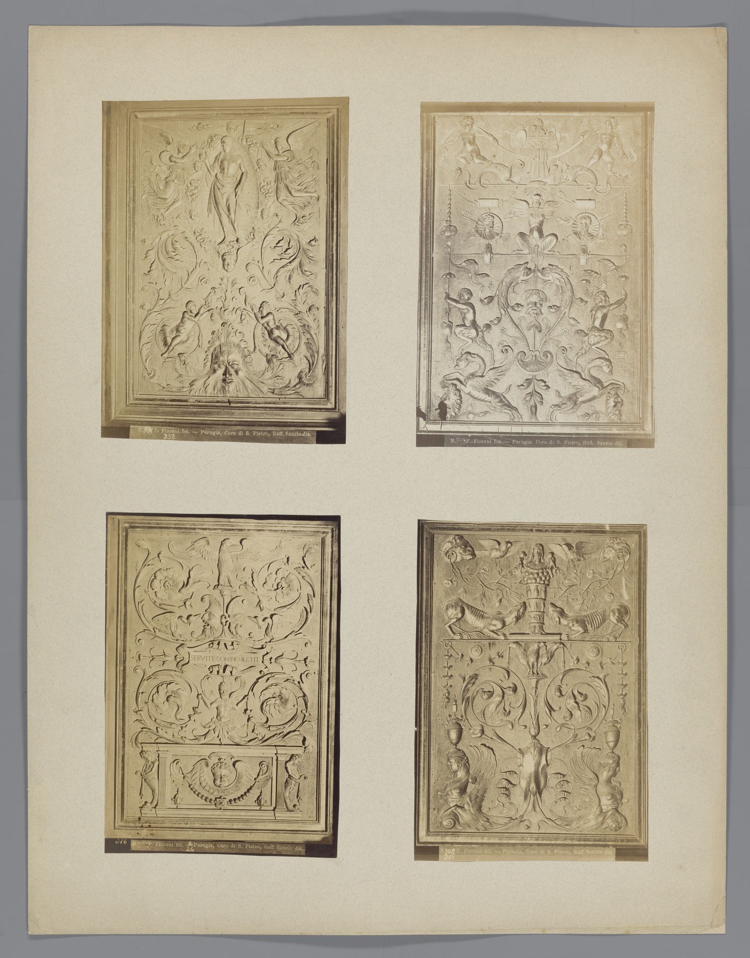 Blad met vier foto's van reliëfs met arabesken uit het koor van de S. Pietro te Perugia by F. Fiorani