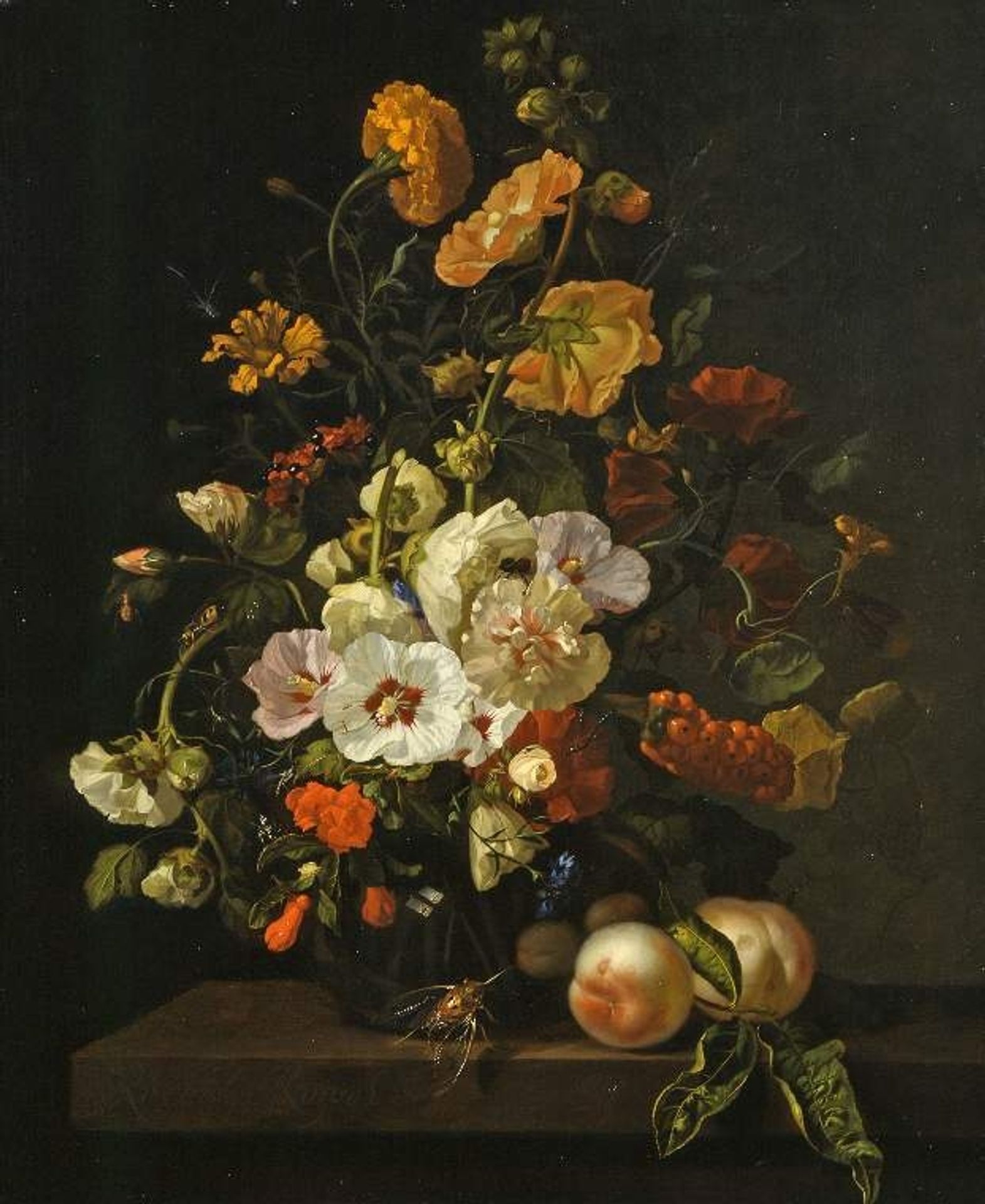 Flowers in a Glass Vase, with Insects and Peaches, on a Marble Tabletop by Rachel Ruysch