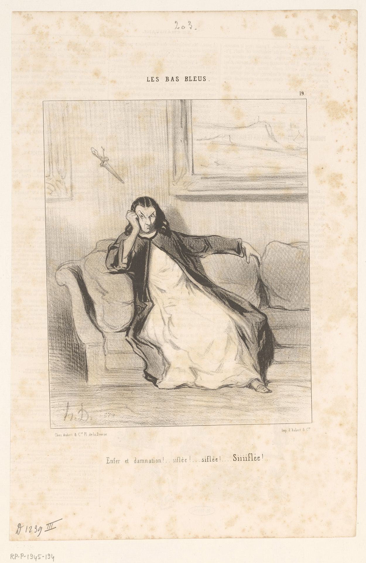 Vrouw op een bank denkt na met dolk boven haar hoofd by Honoré Daumier
