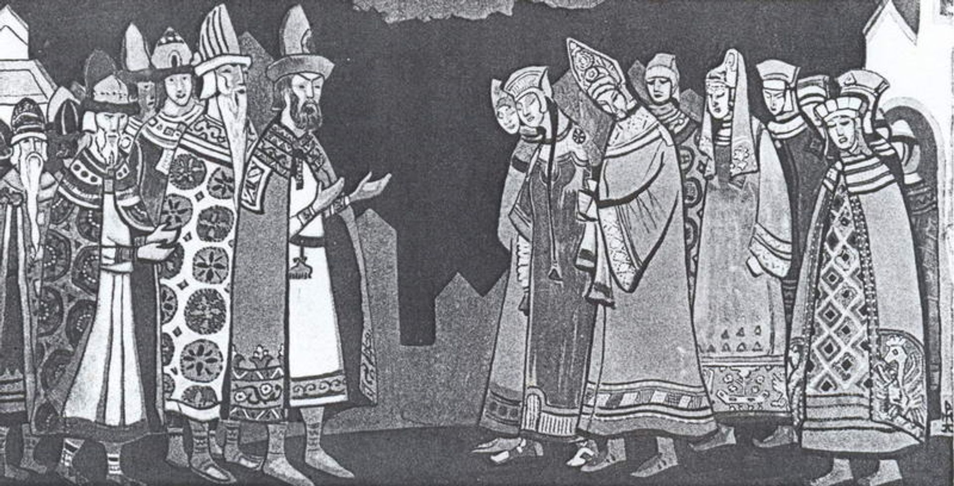 The scene with the two large groups of figures in costumes by Nicholas Roerich