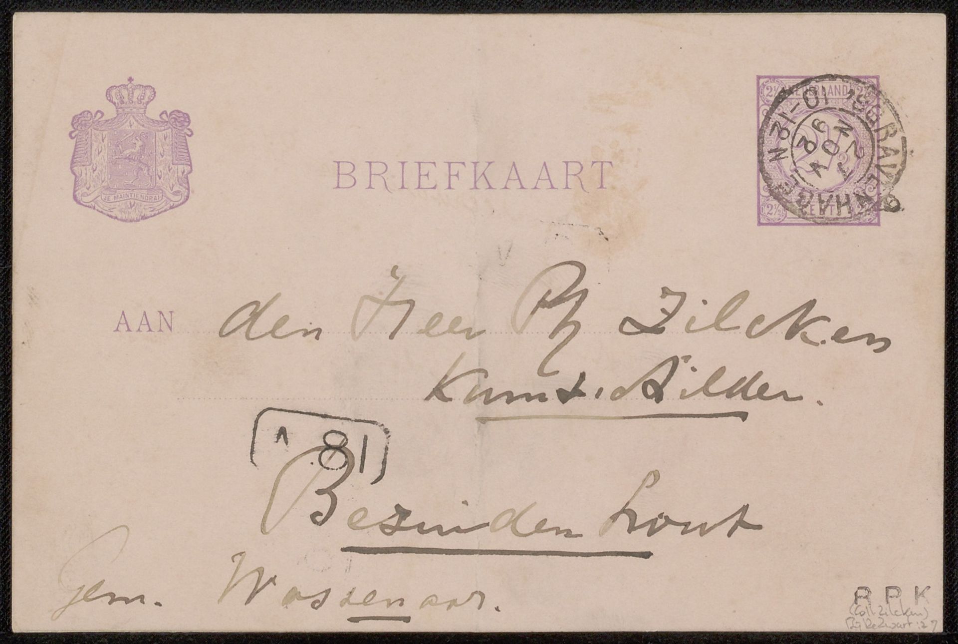 Briefkaart aan Philip Zilcken by Willem de Zwart