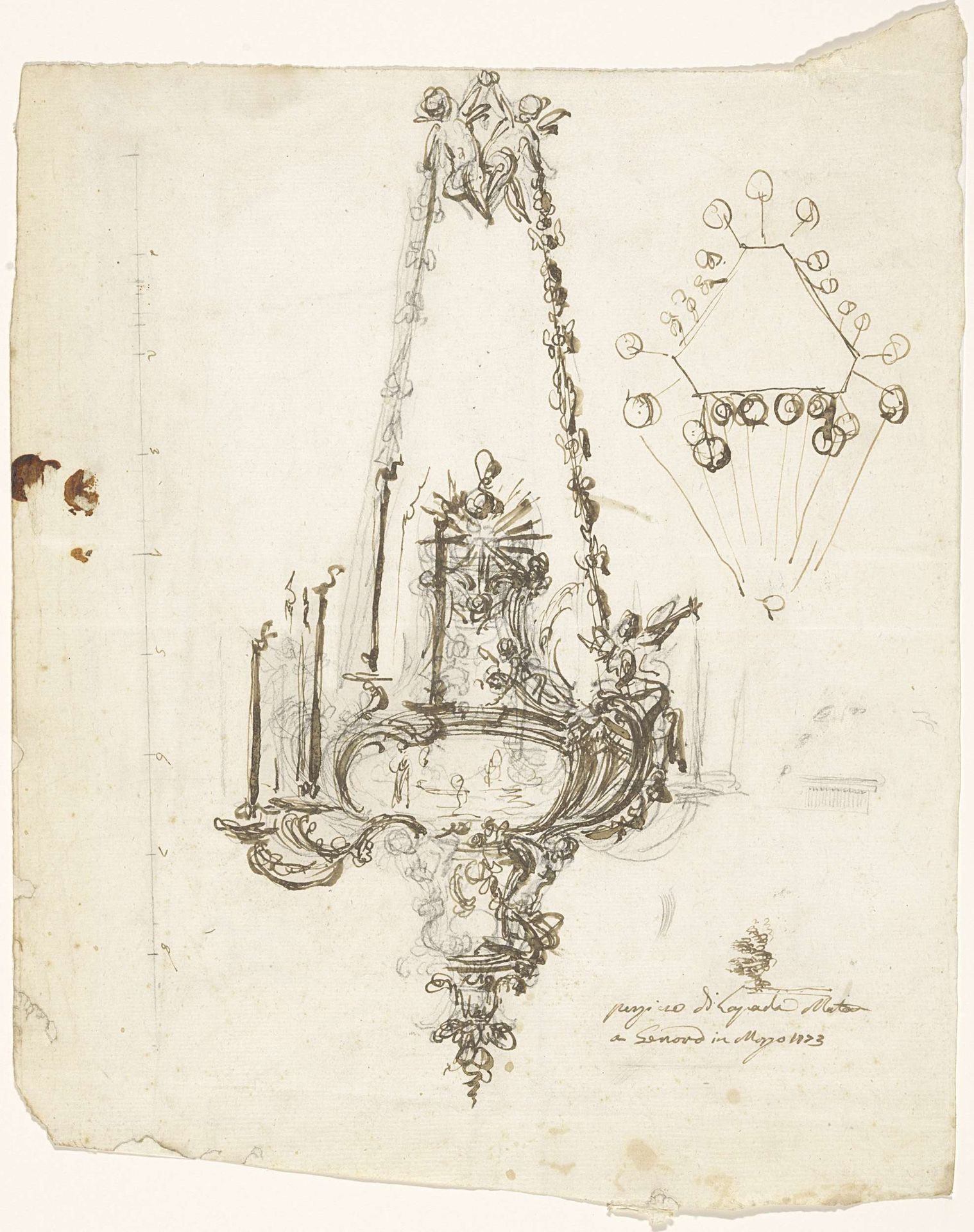 Ontwerp voor een kerklamp met rechtsboven een doorsnede van het bovenaanzicht by Luigi Valadier