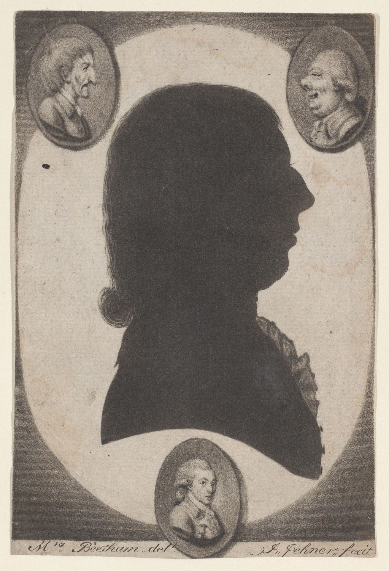 Edward Beetham, bust in profile to right in an oval, with two caricature heads in small ovals in the upper corners by Isaac Jehner