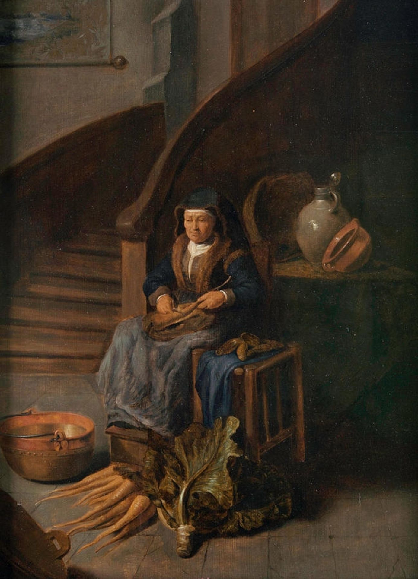 An Old Lady Peeling Carrots Indoors by Gerrit Dou