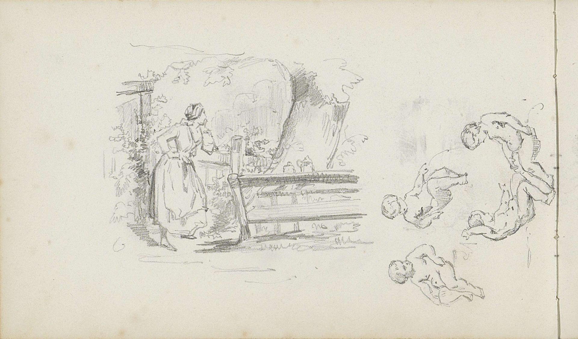 Vrouw leunend op een hek en putti by Charles Rochussen