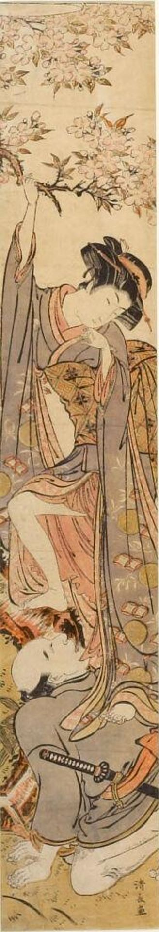 Woman Stepping on Kneeling Samurai to Gather Cherry Blossoms by Torii Kiyonaga
