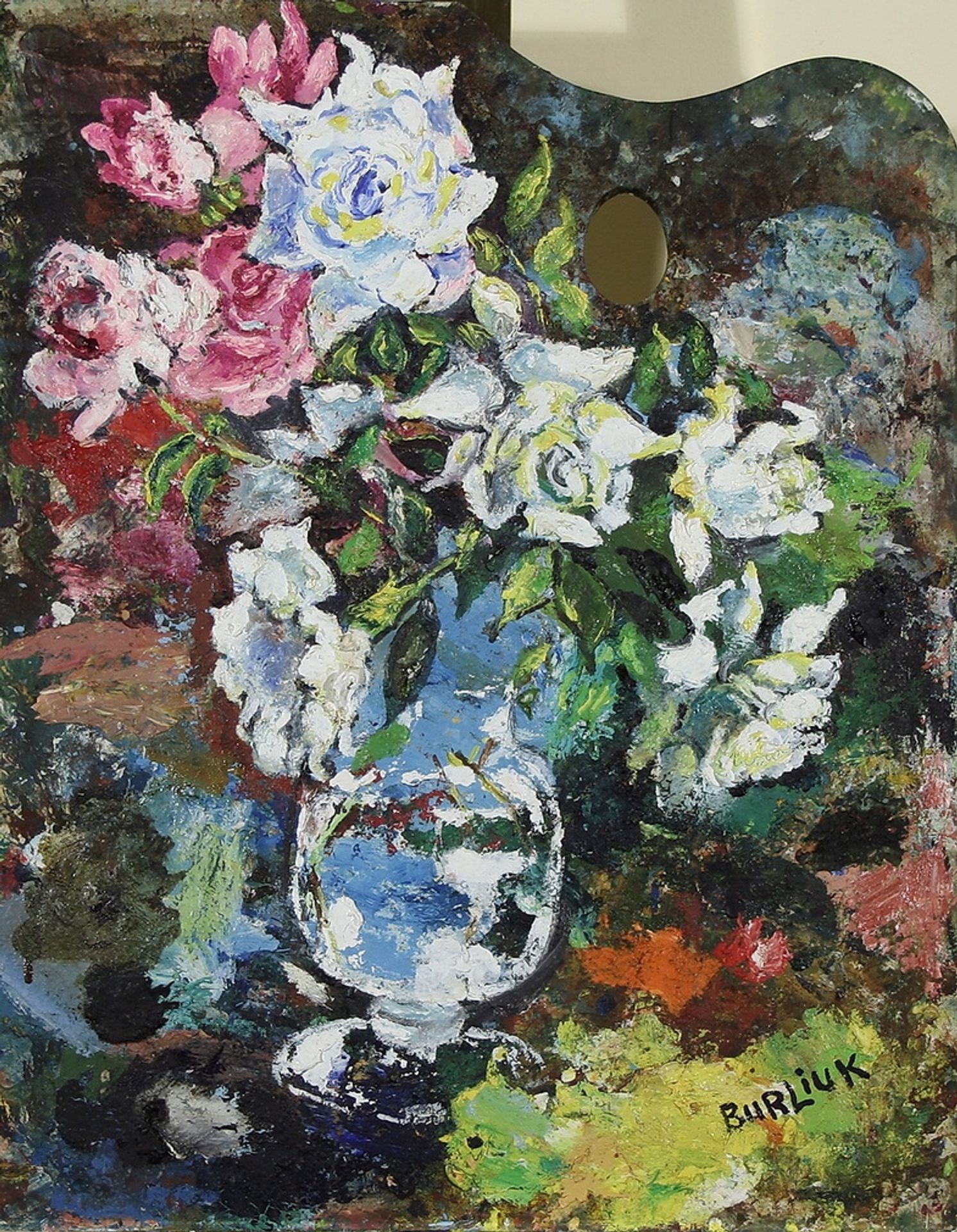 Still life with flowers on palette by David Burliuk