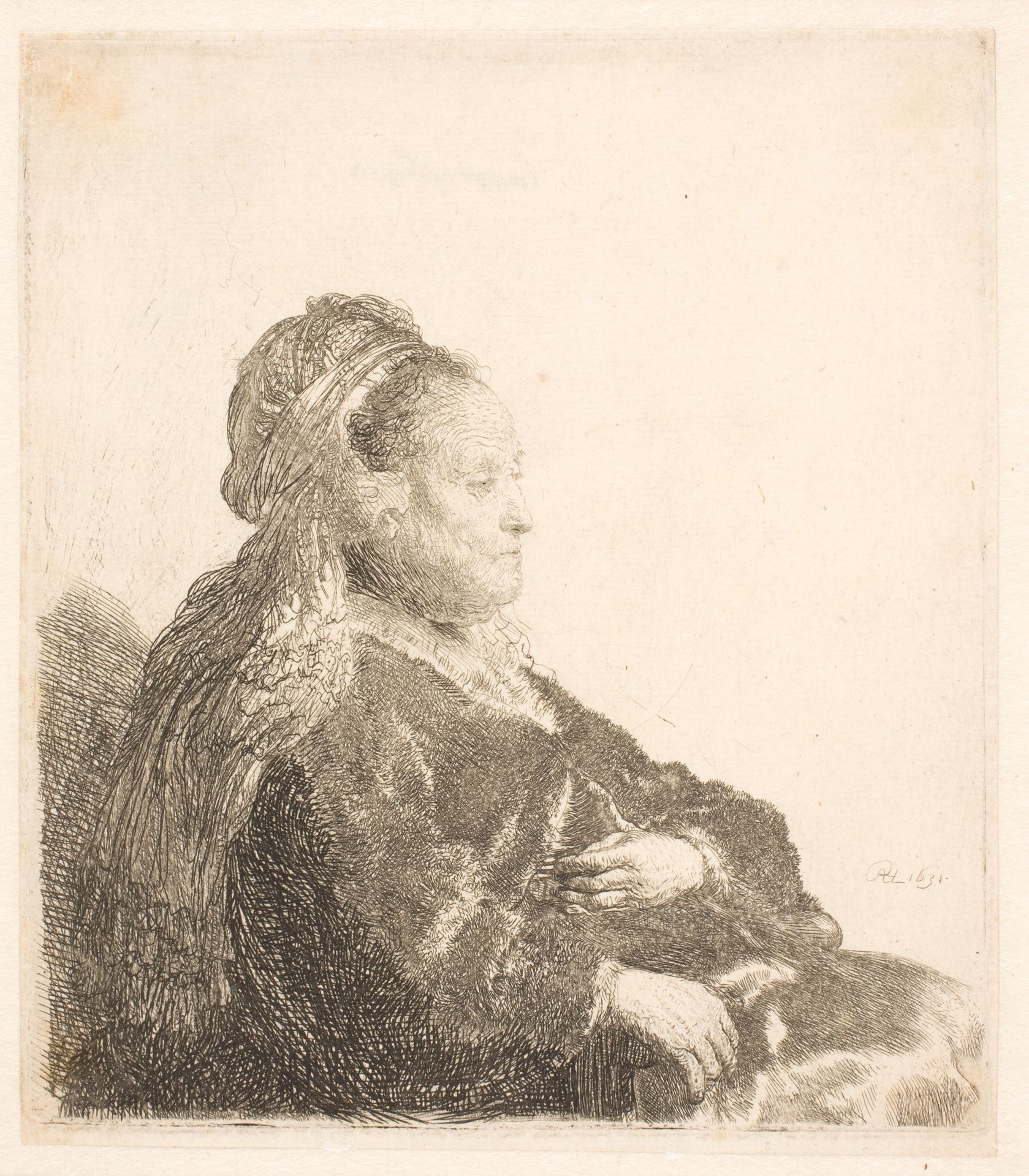 Rembrandt's mother seated facing right, in an oriental headdress: half-lenght, showing hands by Rembrandt van Rijn