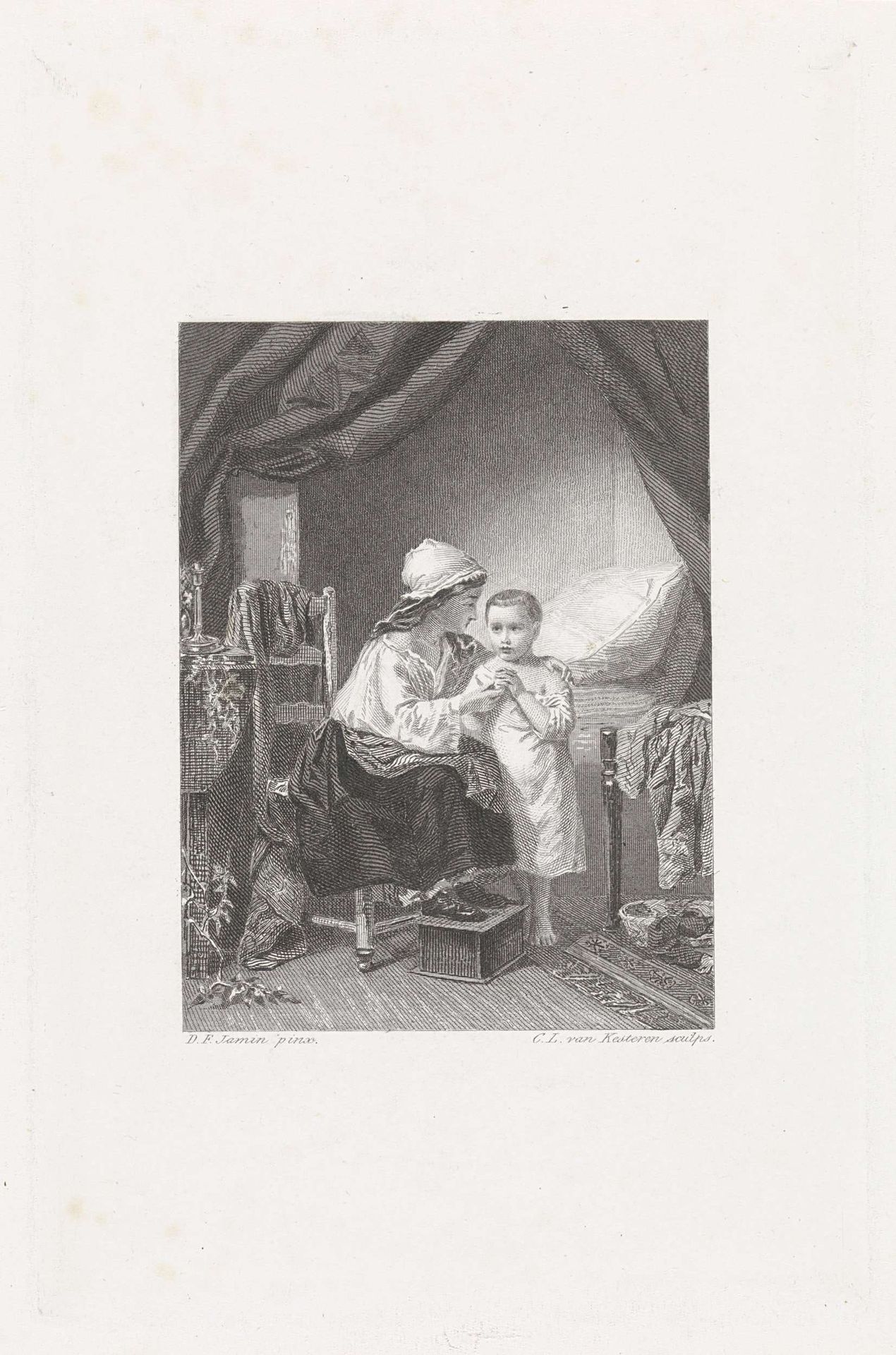 Jonge vrouw en jongen in een slaapkamer by Christiaan Lodewijk van Kesteren