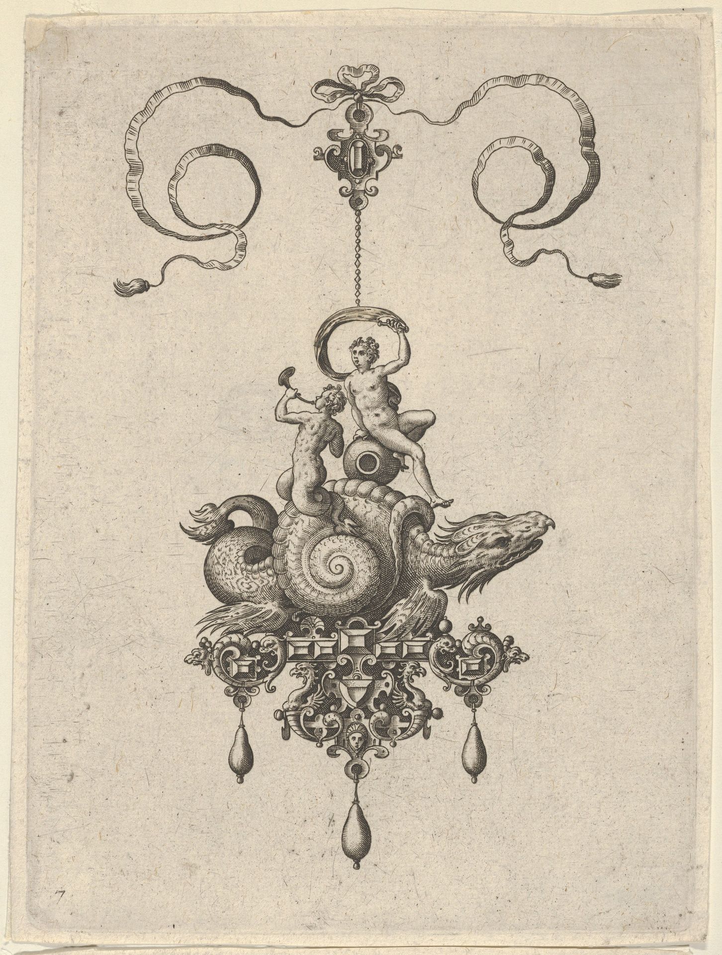 Pendant Design with a Sea Monster in a Shell Carrying a Triton and a Woman with a Sail by Adriaen Collaert