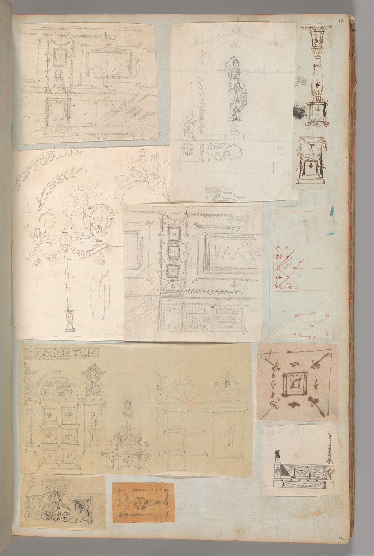Page from a Scrapbook containing Drawings and Several Prints of Architecture, Interiors, Furniture and Other Objects by Charles Percier