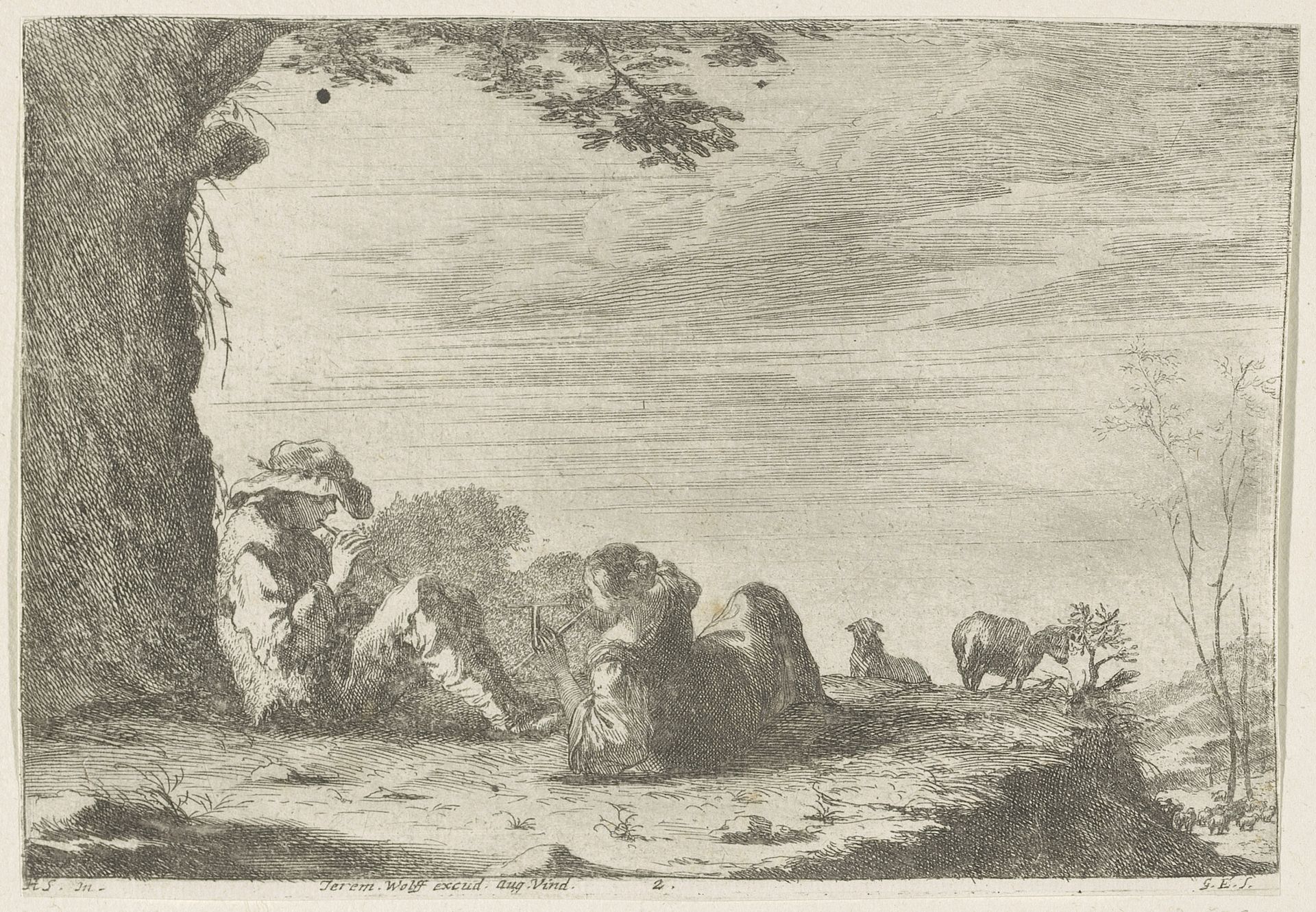 Muziekmakende herders met schapen in rustiek landschap by Gabriel Ehinger