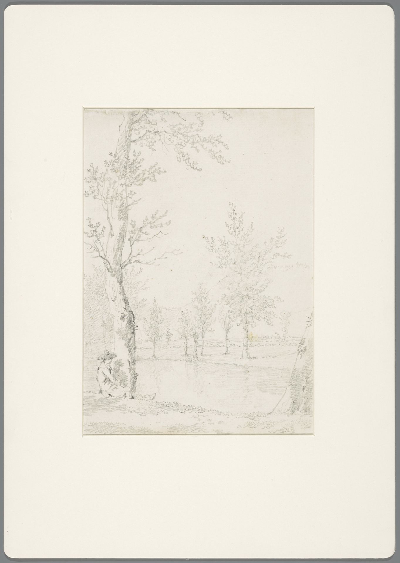 Zittende man naast een boom aan het water by David Alphonse de Sandoz-Rollin