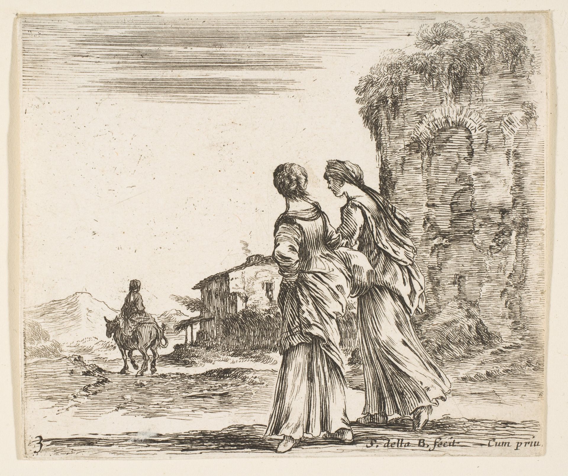 Plate 3: two girls walking towards the left, seen from behind, a woman on a horse to left in background, from 'Diversi capricci' by Stefano della Bella