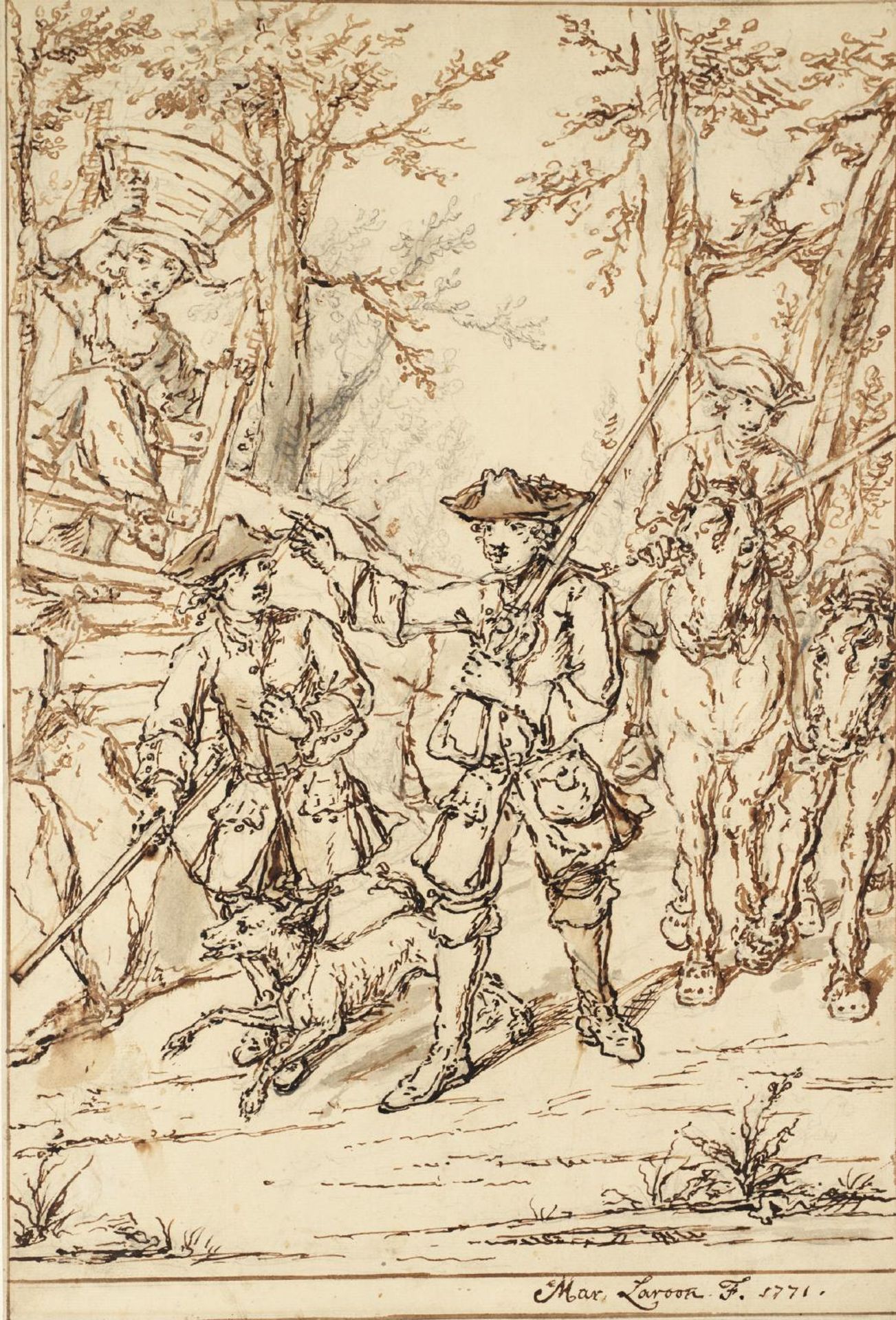 Two Gentlemen Going Shooting with a Dog and a Groom with Two Shooting Ponies by Marcellus Laroon the Younger
