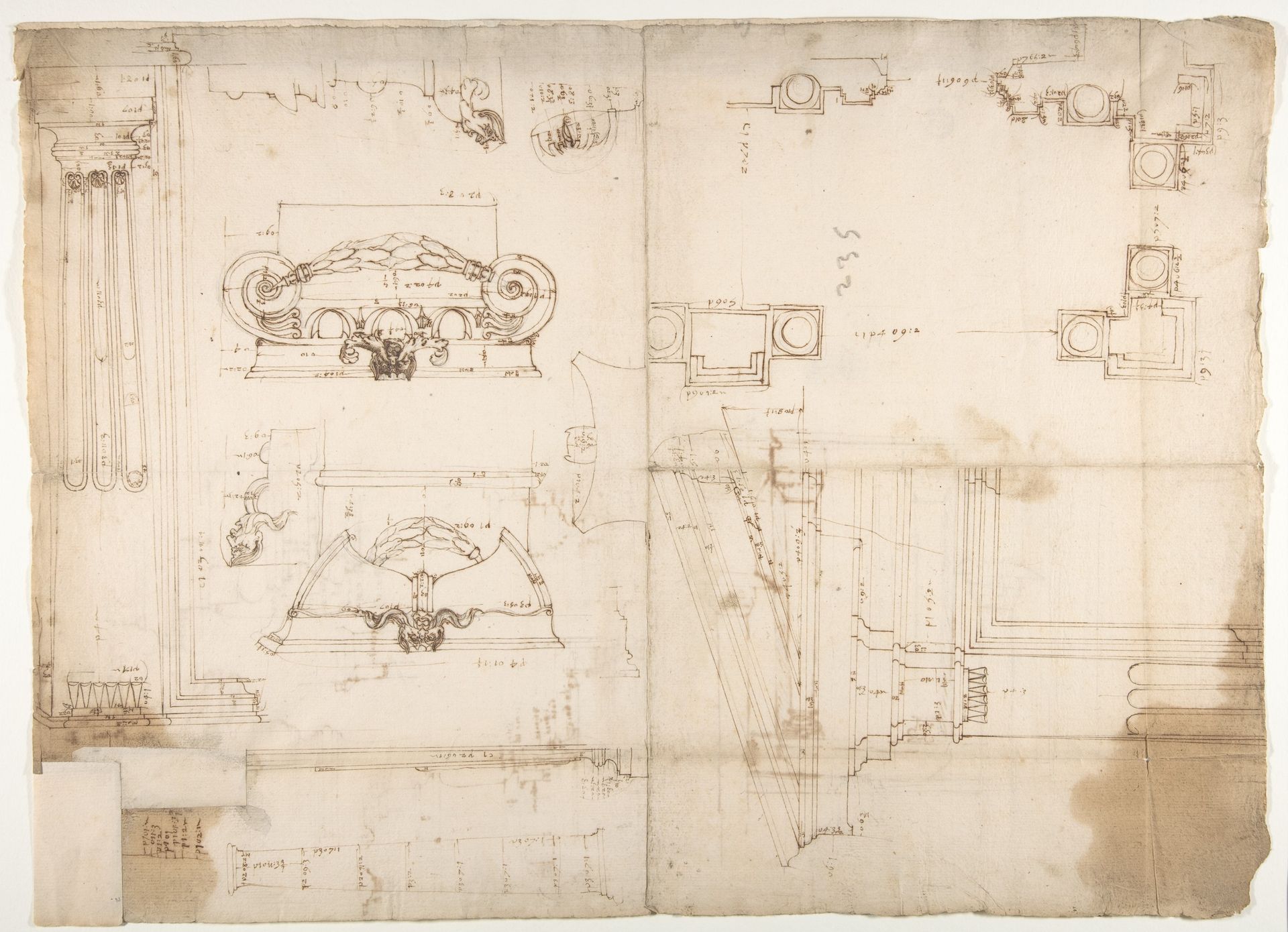 Palazzo dei Conservatori, portico, plan; portal, elevation; details, elevations (recto) Palazzo dei Conservatori, portico, elevation; details, profiles (verso) by Anonymous