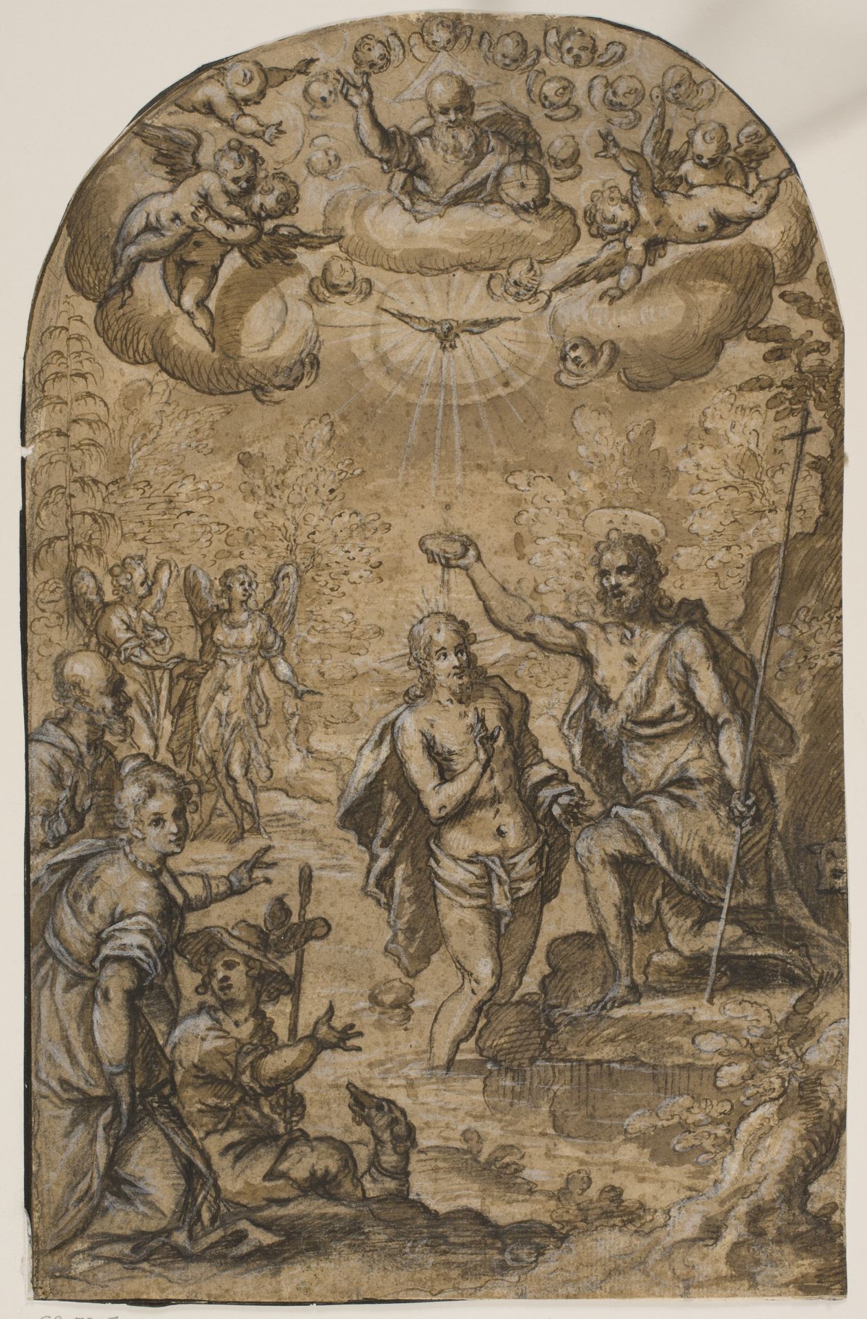 The Baptism of Christ with God the Father and angels among clouds by Pietro Mera