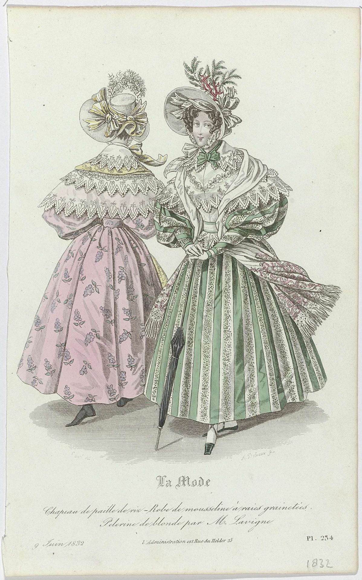 La Mode, 9 juin 1832, Pl. 234 : Chapeau de paille de riz (...) by August Delvaux