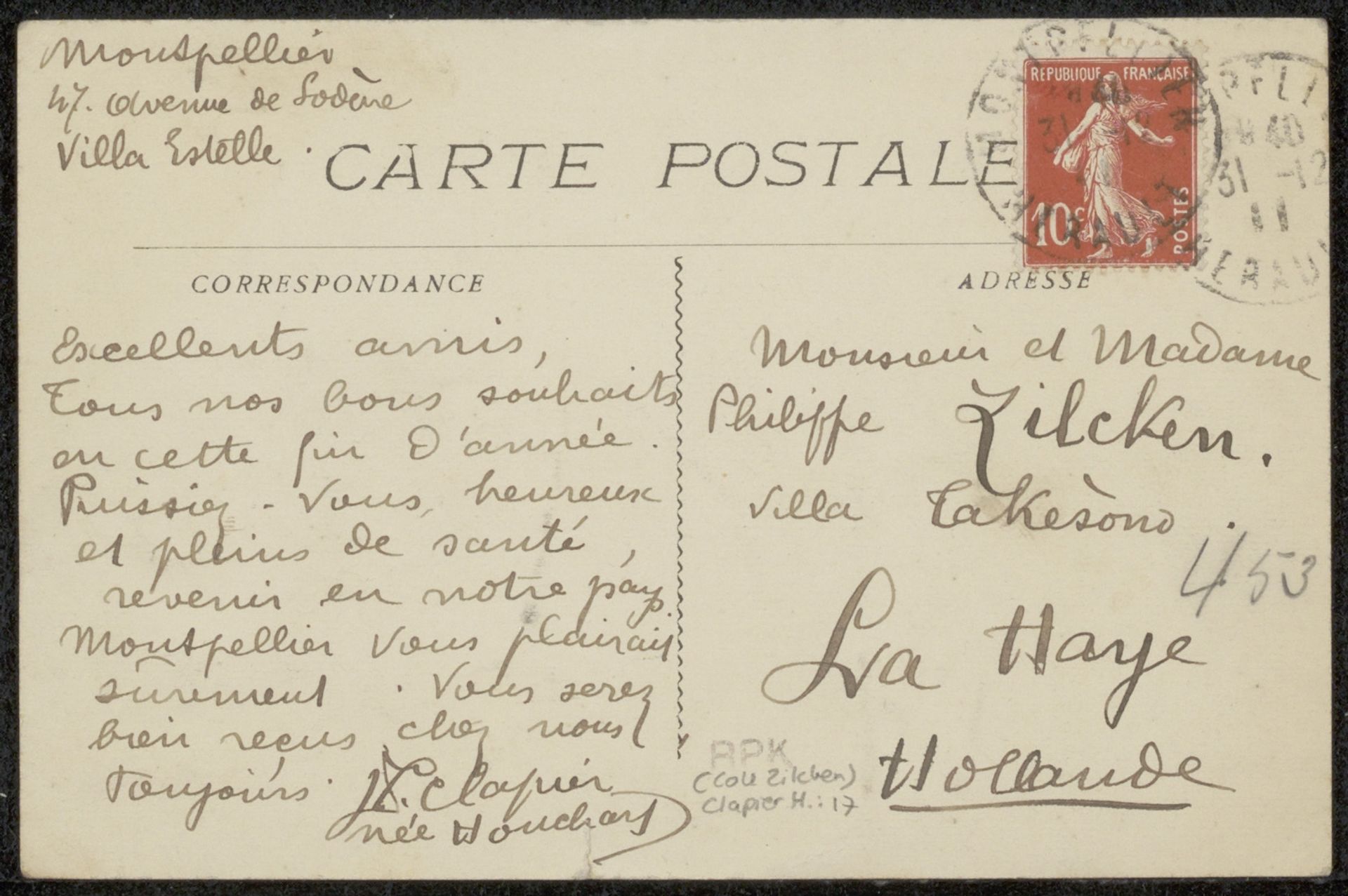 Prentbriefkaart aan Philip Zilcken by Eugénie Clapier-Houchart