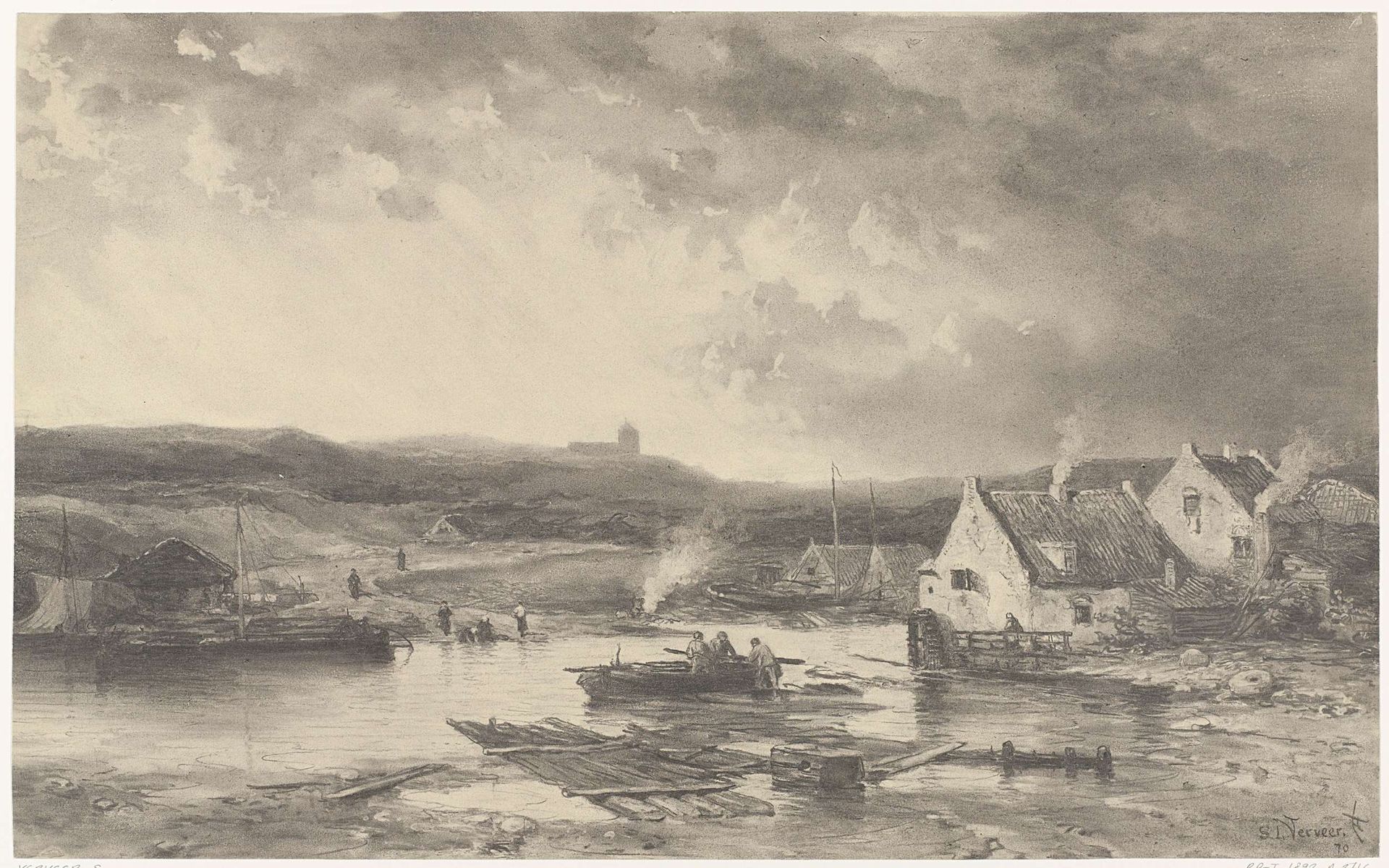 Rivierlandschap met enige huizen en een watermolen by Salomon Leonardus Verveer