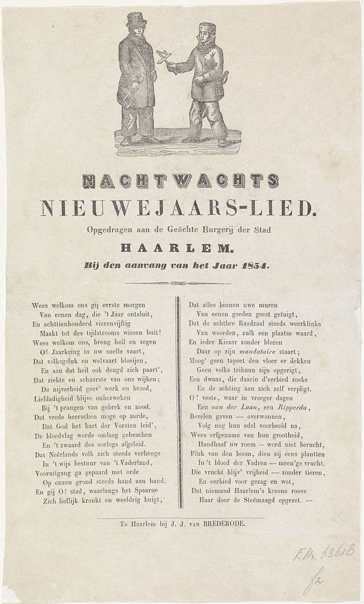 Nieuwjaarswens van de nachtwacht van Haarlem voor het jaar 1854 by Anonymous