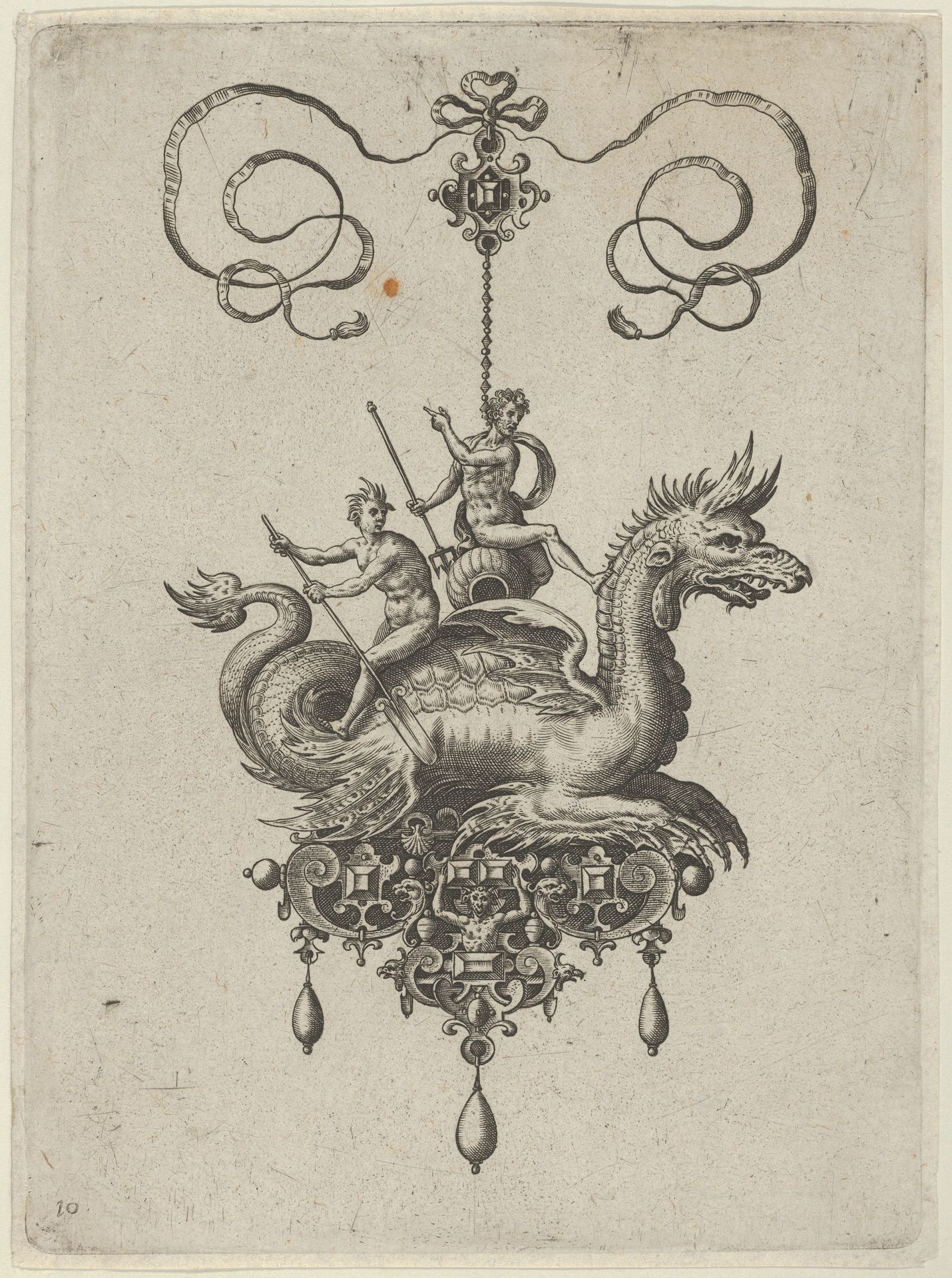 Pendant Design with a Sea Monster Carrying Neptune on an Urn Beside a River-God with an Oar by Adriaen Collaert