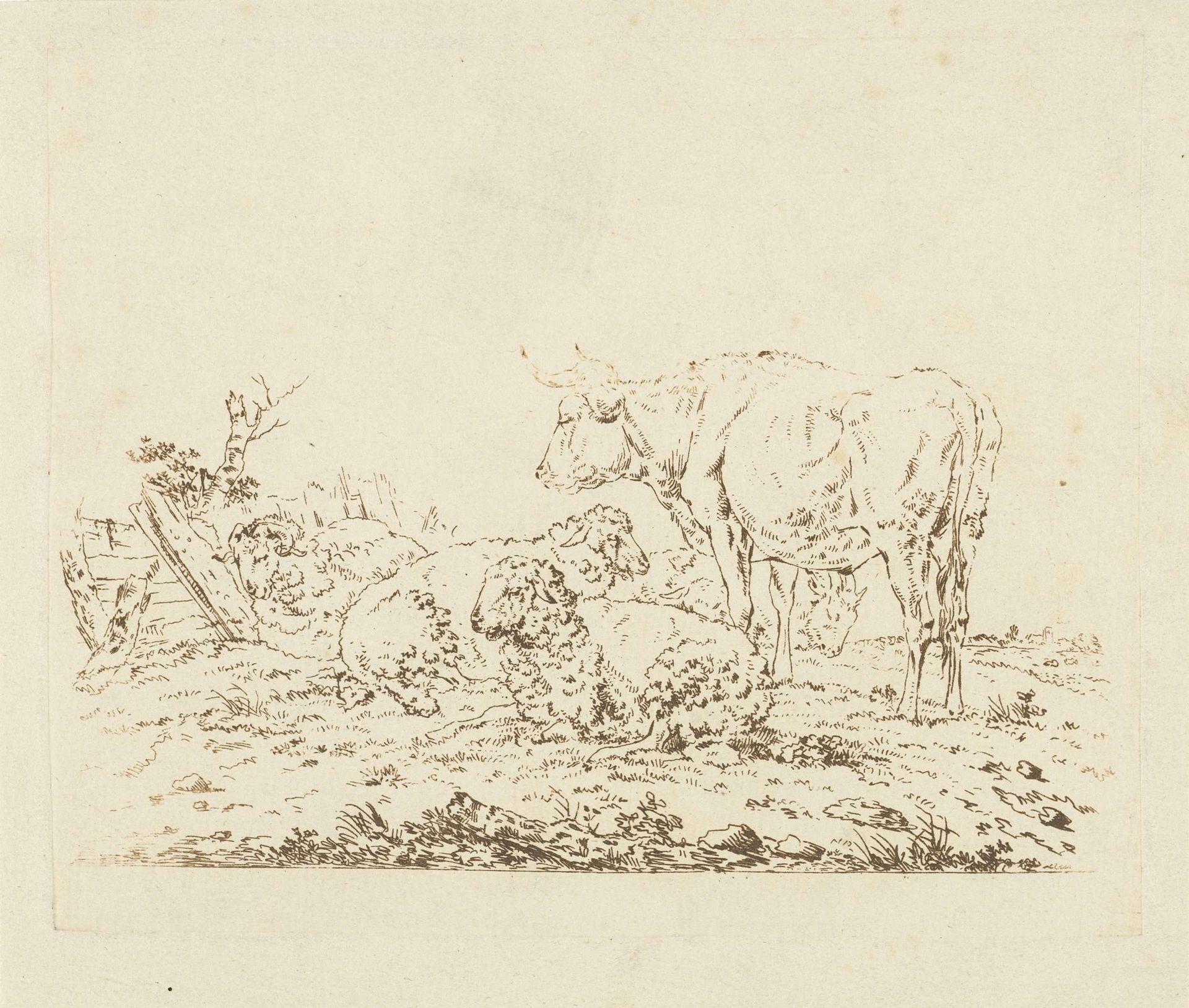 Weiland met koe en schapen by Pieter Roosing