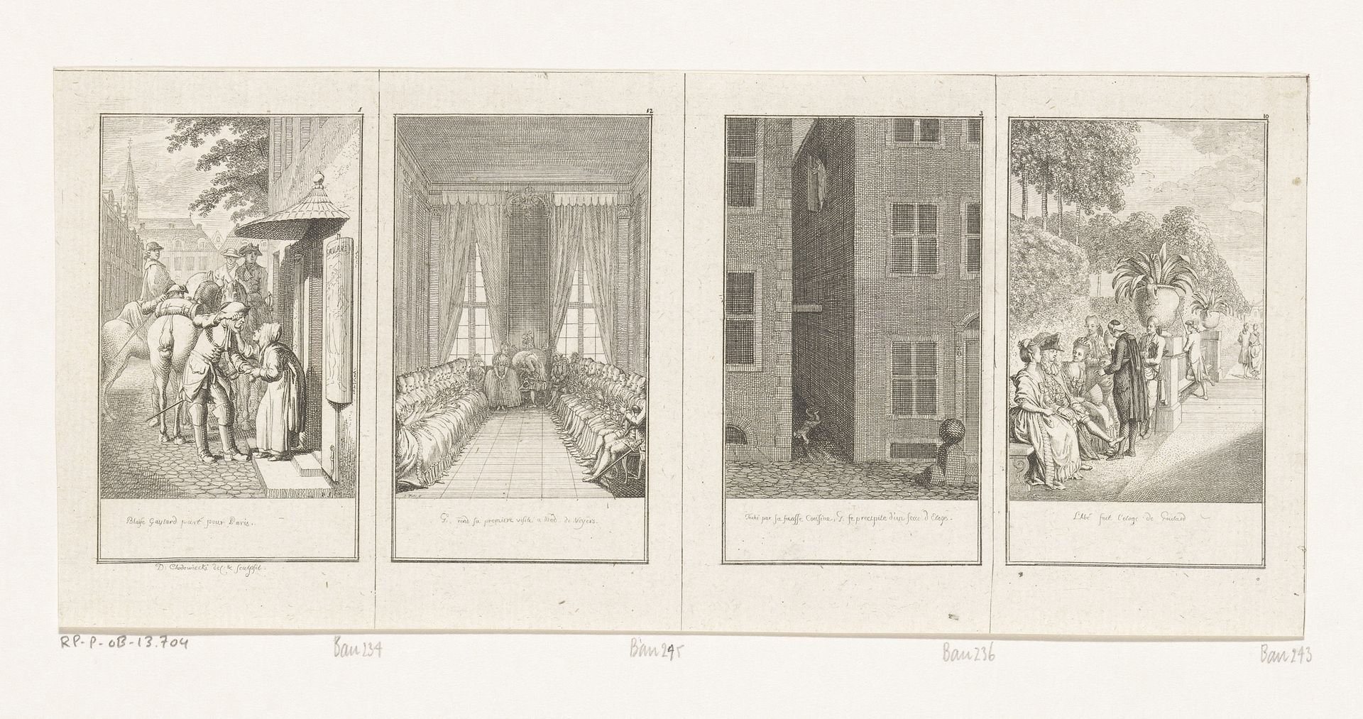Vier scènes uit de geschiedenis van Blaise Gaulard by Daniel Nikolaus Chodowiecki