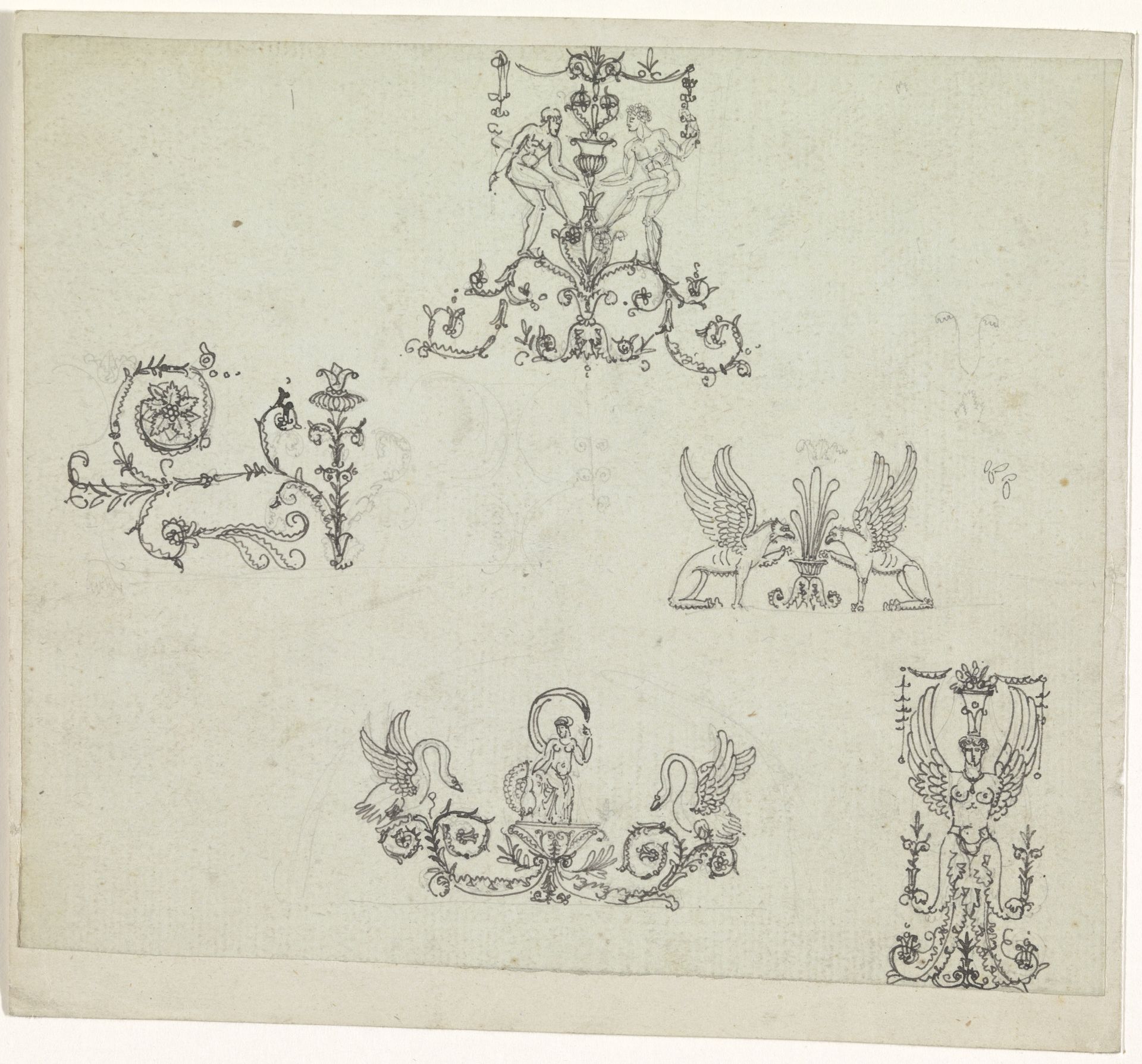 Vijf symmetrische ornamentele composities by Charles Percier
