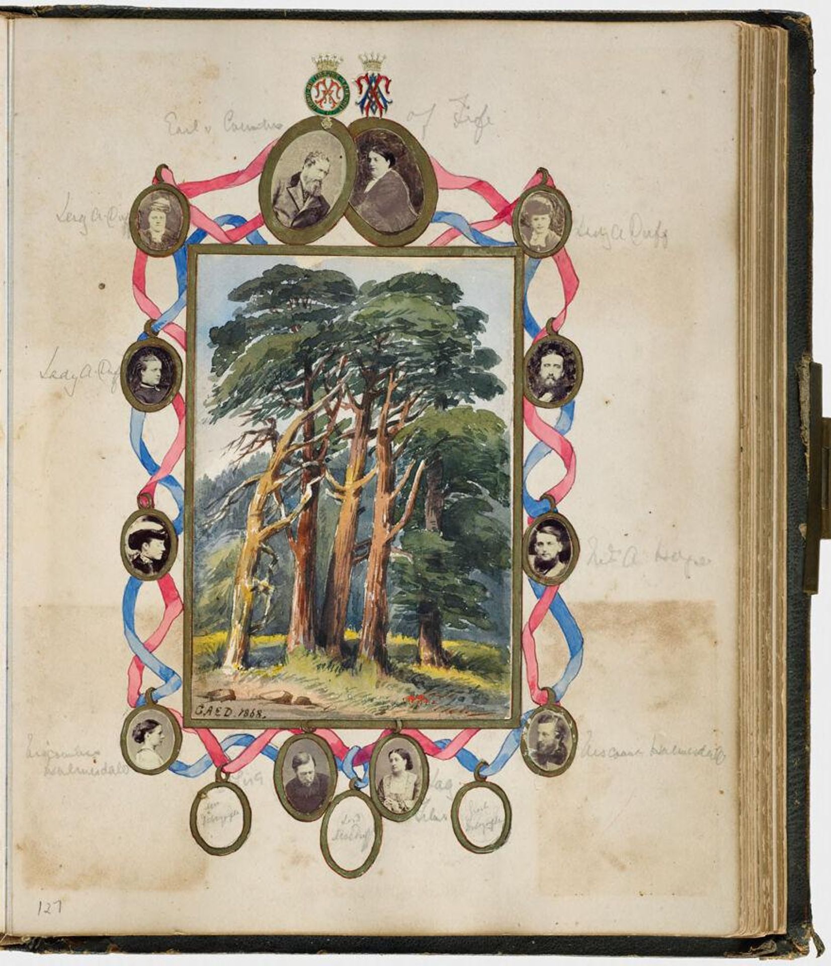 Untitled (watercolor drawing inscribed "GAED 1868" surround by painted ribbon motif with ovals (some w/photographs) incorporated; clockwise from top center, Earl and Countess of Fife; Lady A. Duff; Mr. A. Hope; Viscount Holmesdale; Lady Mary Filmer; Sir Edmund Filmer; Viscountess Holmesdale; Lady A. Duff; Lady A. Duff; verso: photograph, group of 12 unidentified people seated on steps in front of building, woman on far left holding dog) by Mary Georgiana Caroline Cecil Filmer