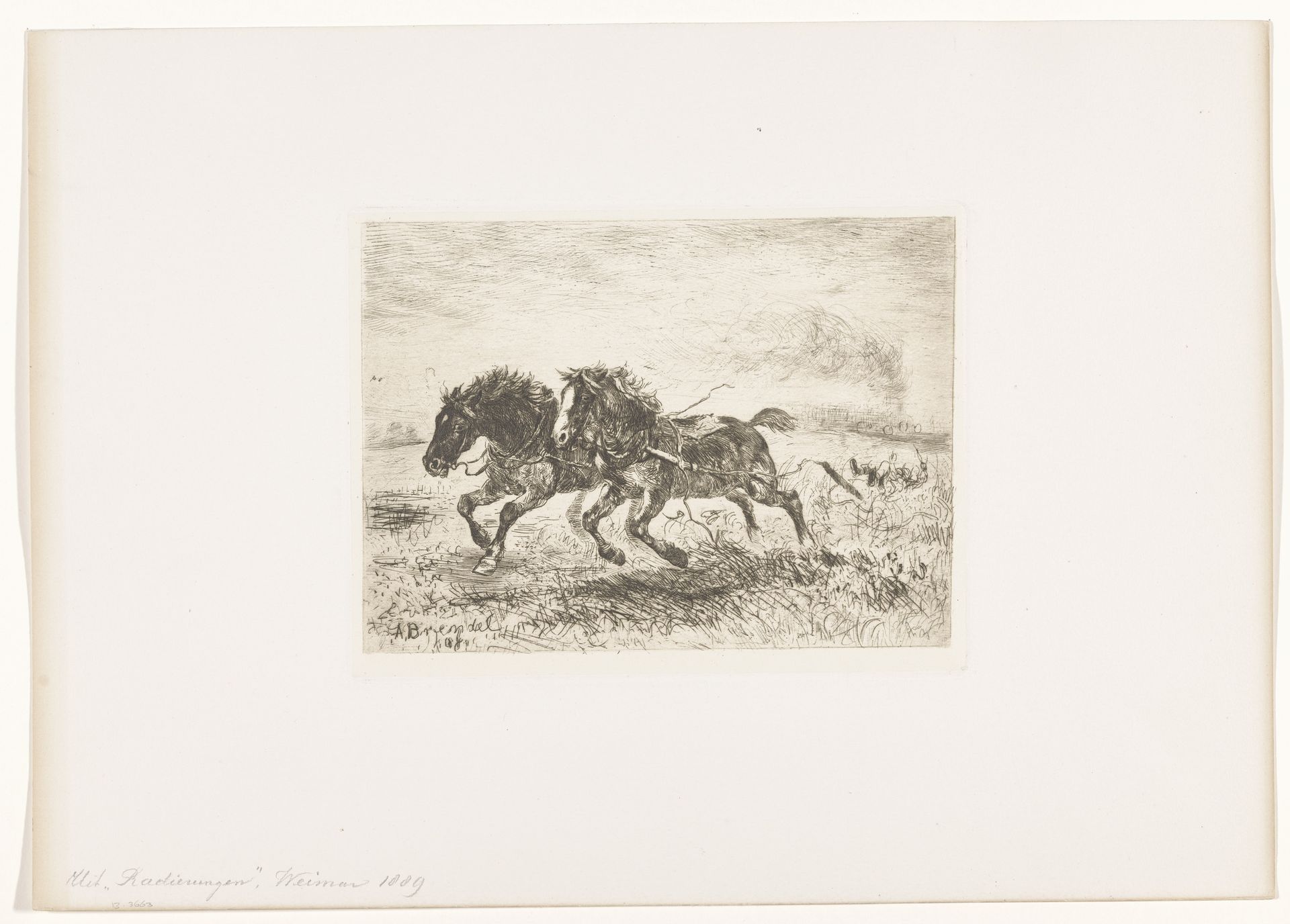 Losgebroken span paarden by Albert Heinrich Brendel
