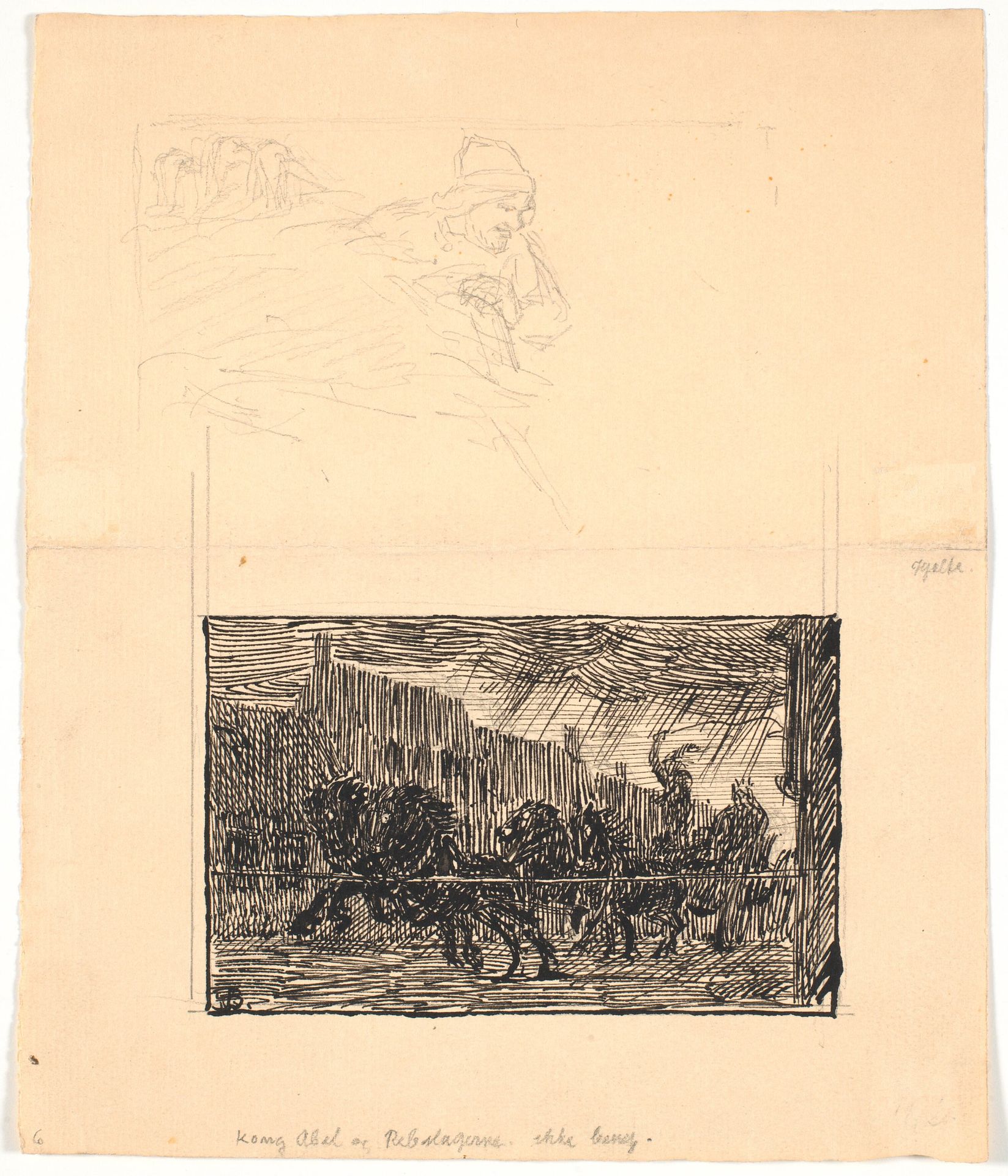 To illustrationsudkast til Sønderjyske Folkesagn, v. F.Ohrt. F.o. Hvor I mindst venter det og f.n. Kong Abel og rebslagerne by Niels Skovgaard