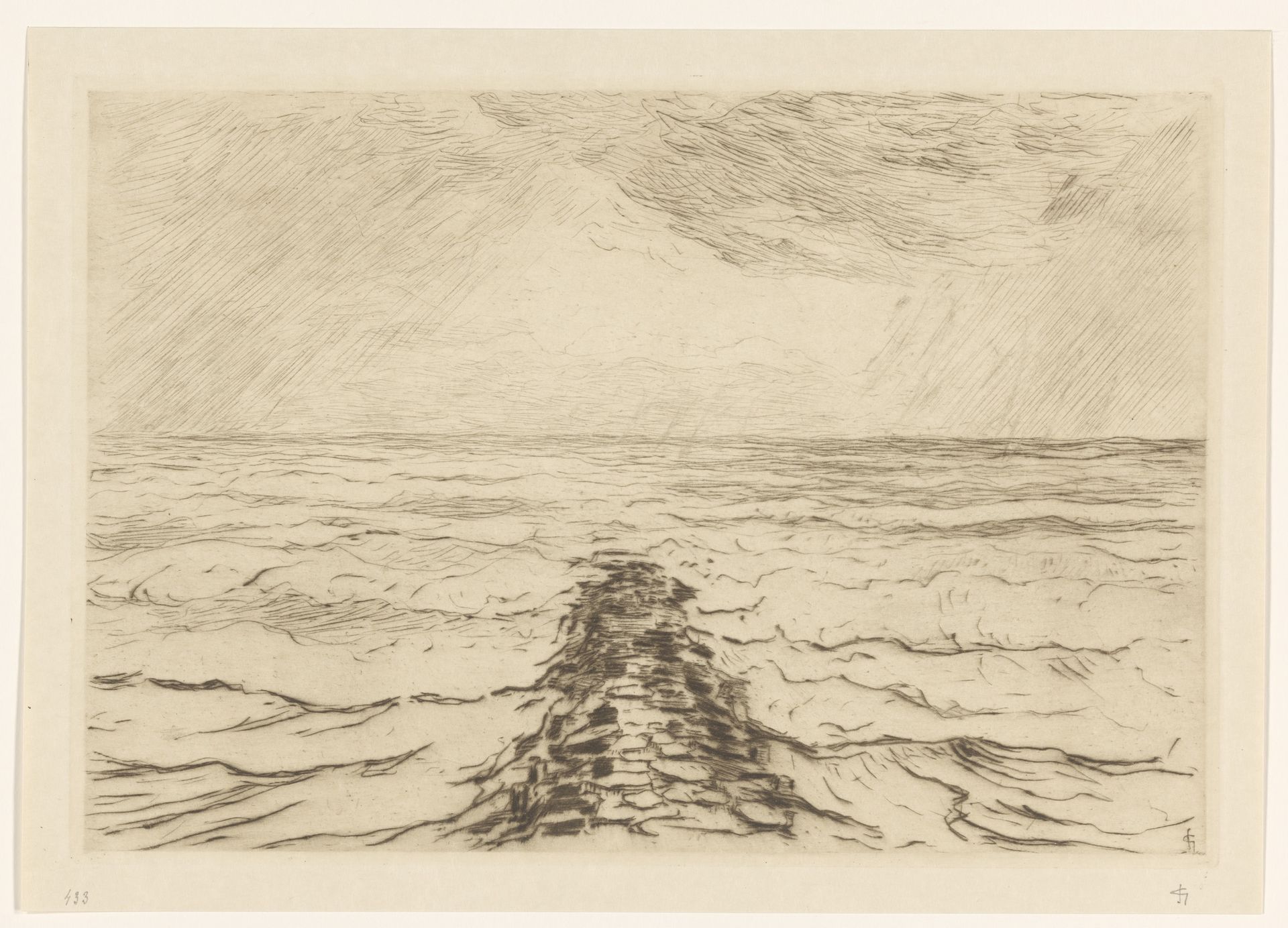 Zeegezicht met golfbreker by Carel Nicolaas Storm van 's-Gravesande