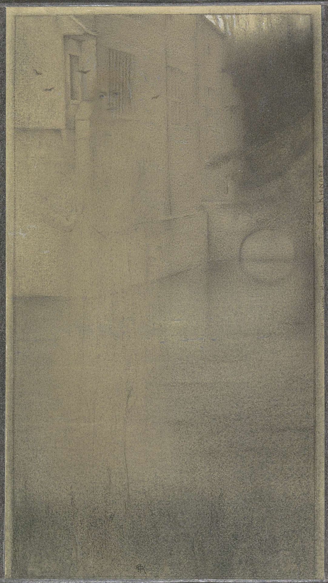 Schim van een vrouw voor een huis omringd door water by Fernand Khnopff