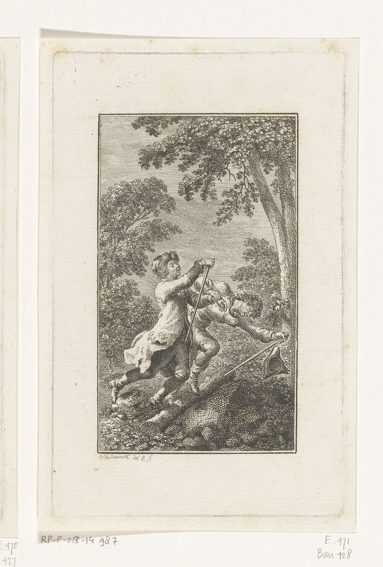 Twee blinden struikelen over een boomstam by Daniel Nikolaus Chodowiecki