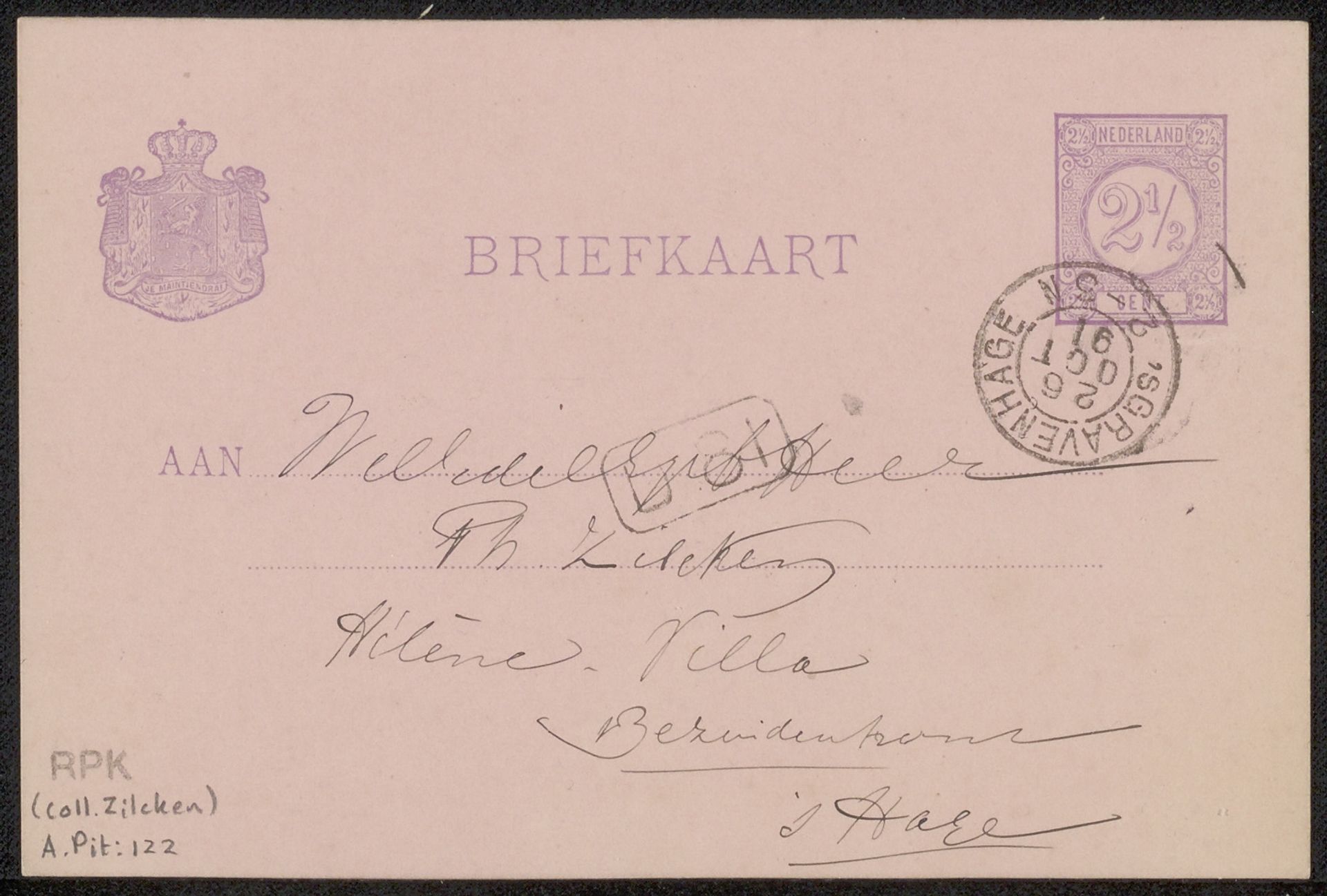 Briefkaart aan Philip Zilcken by Adriaan Pit