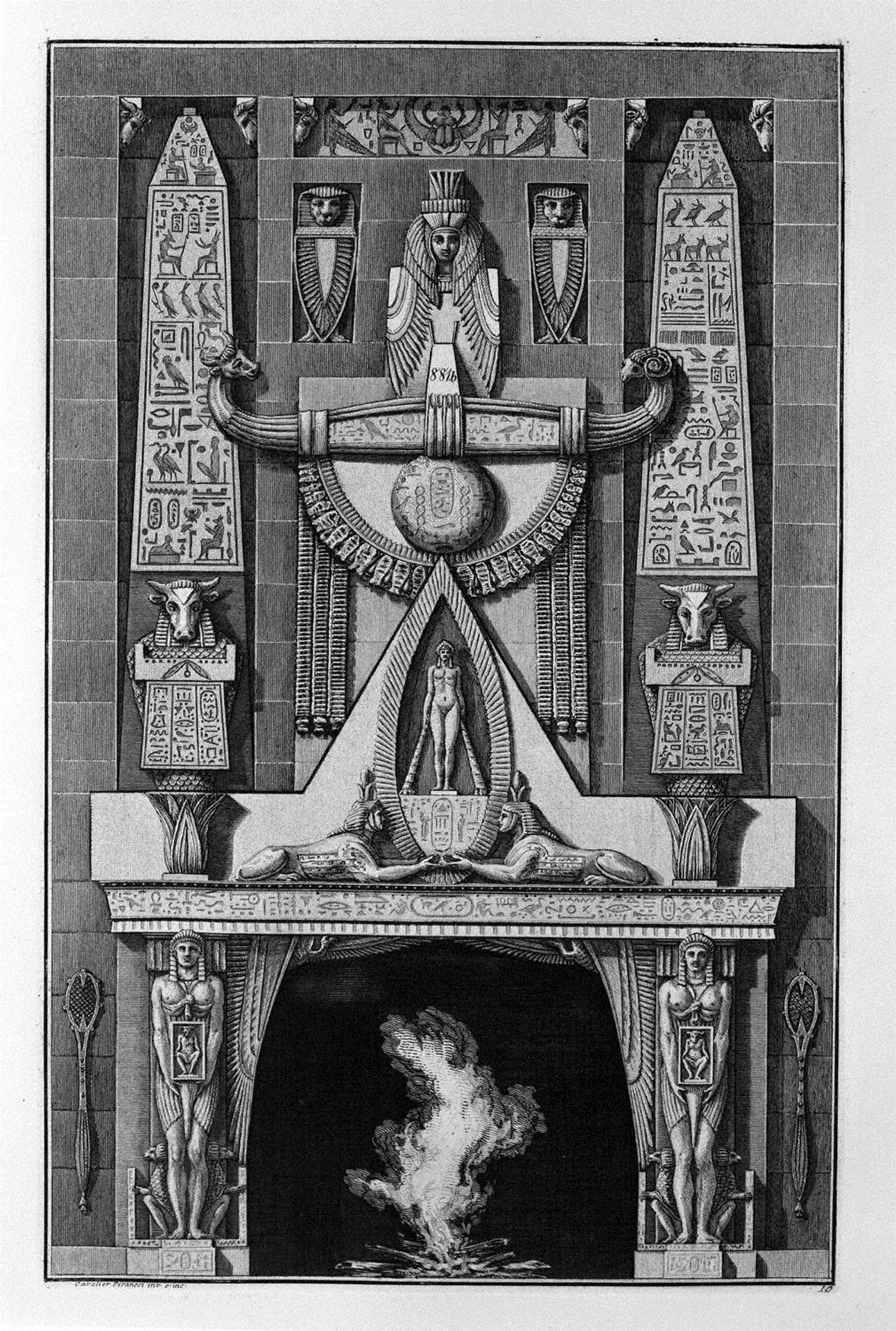 Egyptian-style fireplace, on the floor between two obelisks and a number of decorative elements, two sphinxes crouching, and among them a naked figure standing by Giovanni Battista Piranesi