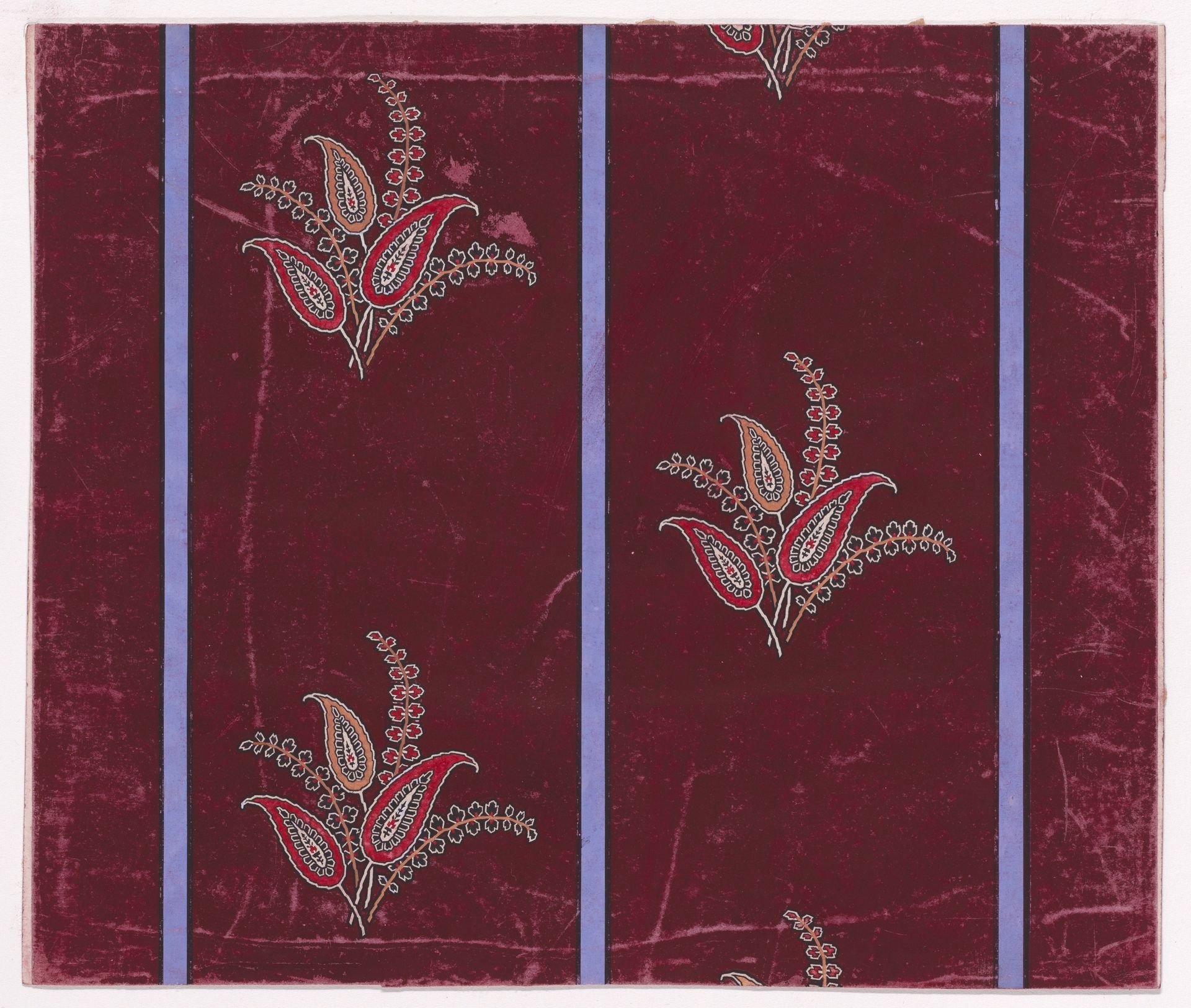 Textile Design with Alternating Vertical Rows of Bunches of Large Paisley-Inspired Stylized Leaves and Branches with Pairs of Stylized Leaves Separated by Vertical Stripes by Anonymous