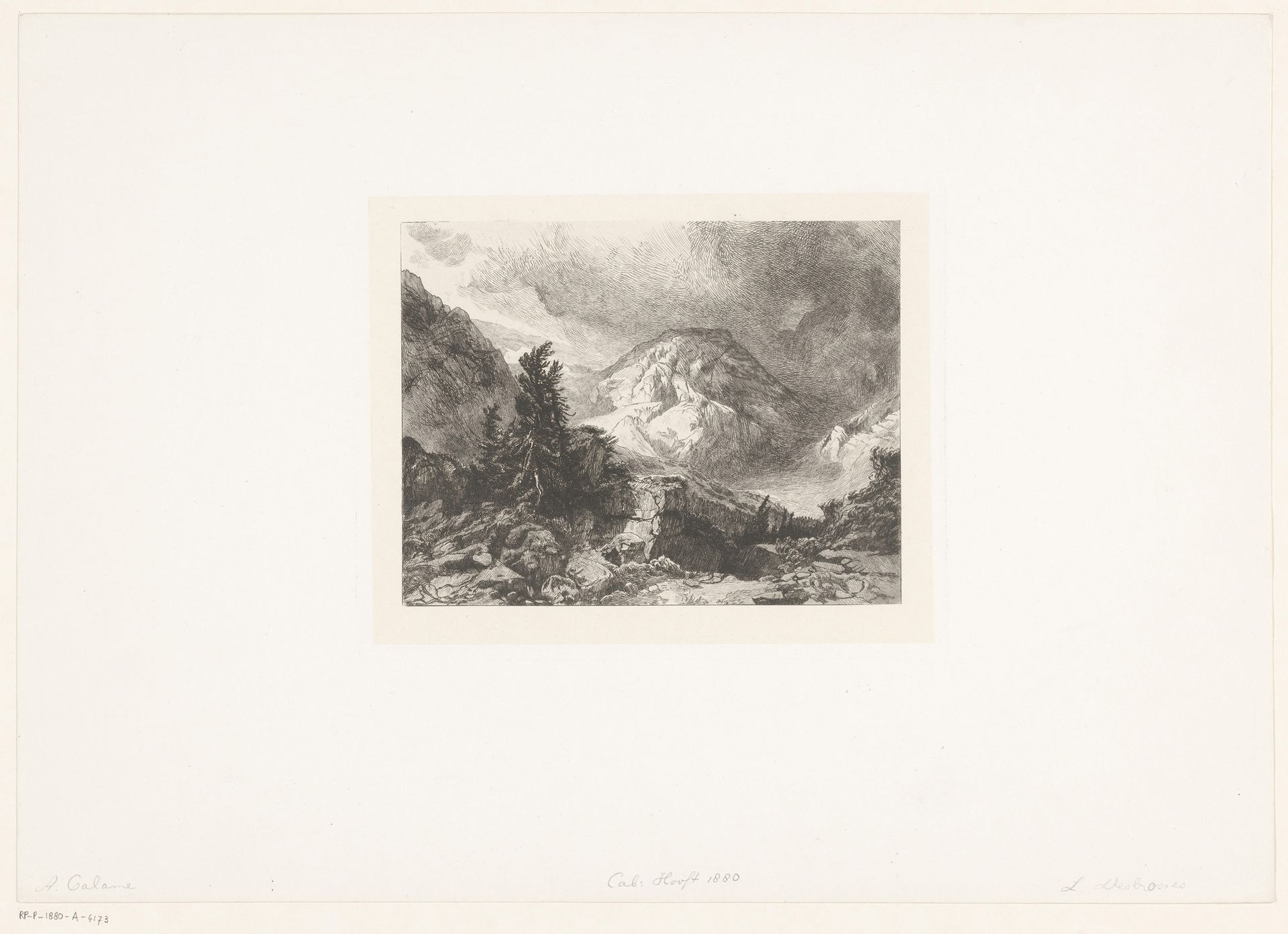 Berglandschap met een spar tussen rotsblokken by Léopold Desbrosses