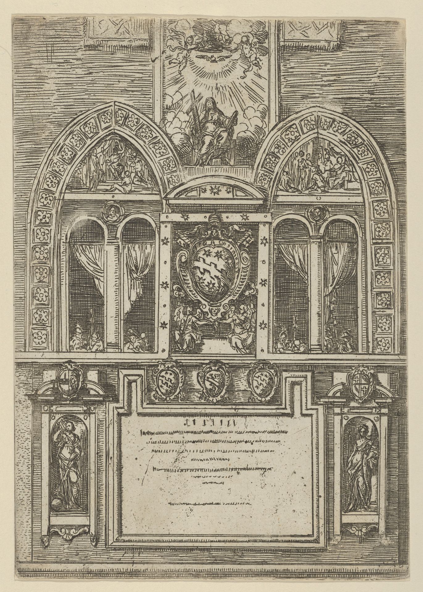Façade of the Palazzo del Senato in Bologna with the Papal arms at center, with temporary decorations for the entry of Pope Clement VIII in Bologna in 1598 by Guido Reni