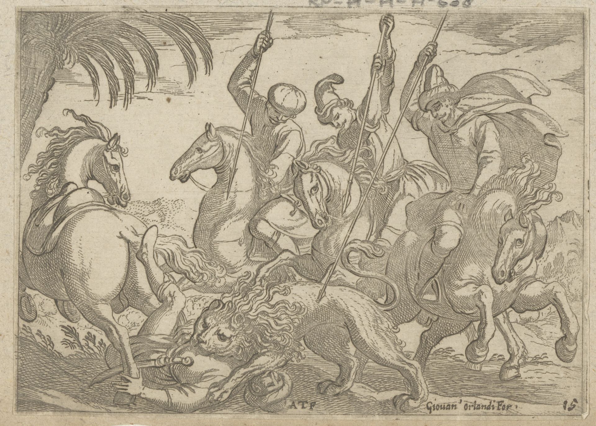 Jacht op een leeuw waarbij de leeuw een man doodt by Antonio Tempesta