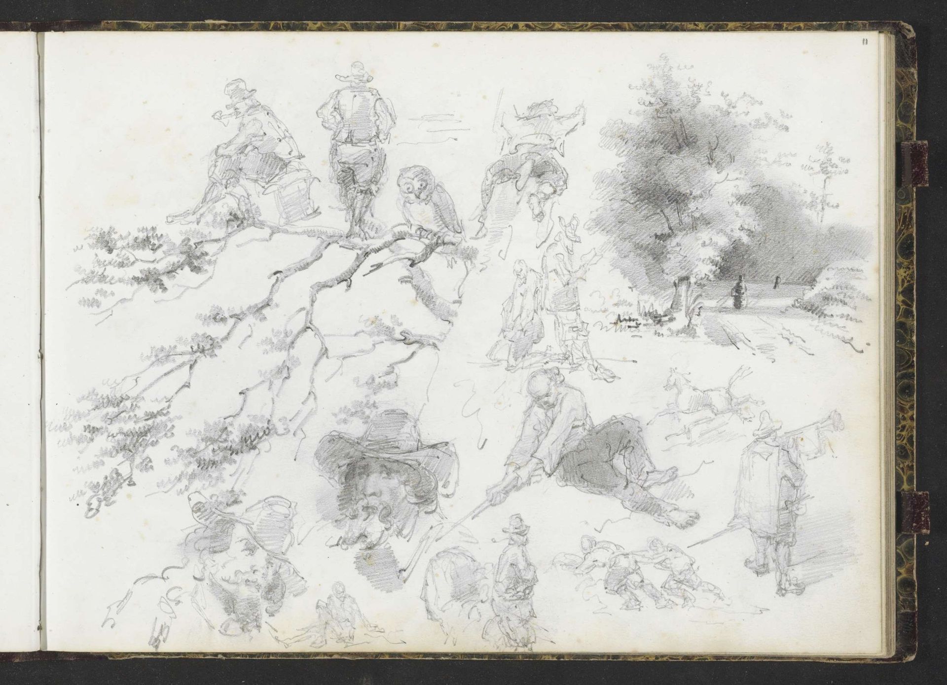 Studieblad met arbeiders, koppen, dieren en een bosgezicht by Lambertus Lingeman