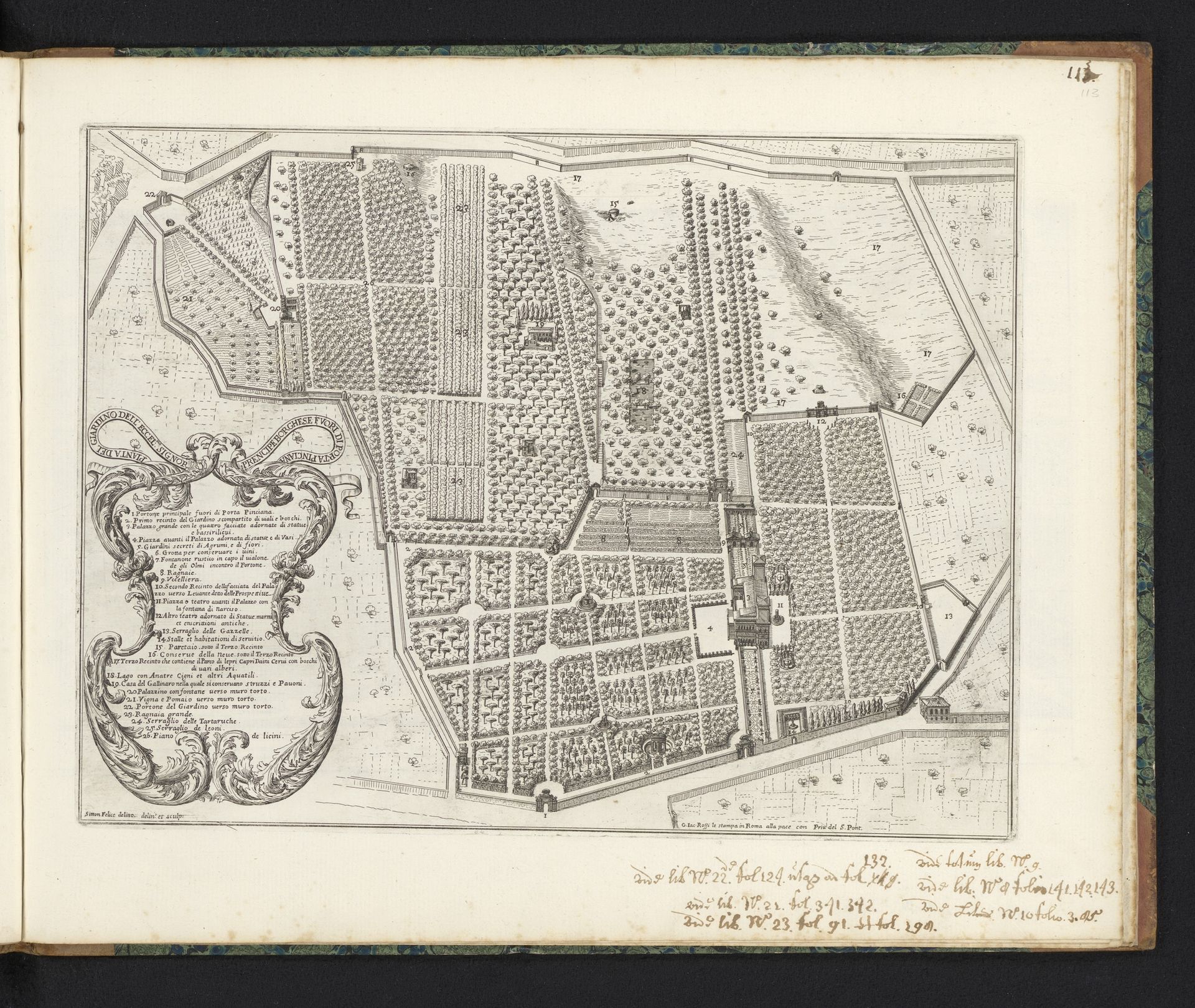 Plattegrond van Villa Borghese met de Villa Borghese Pinciana te Rome by Giovanni Battista Falda