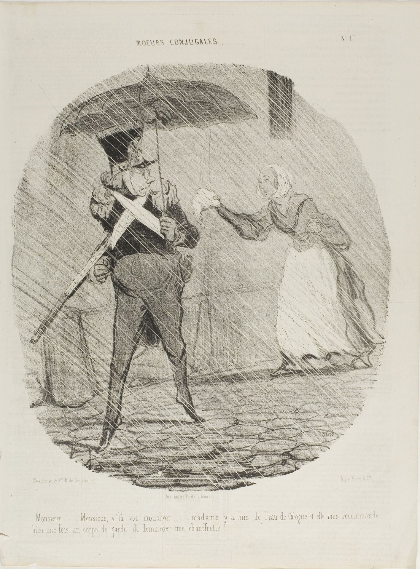 “Monsieur, Monsieur, here's your handkerchief. Madame has put some Eau de Cologne on it and she said you should ask at the Guard whether you might get a foot warmer,” plate 47 from Moeurs Conjugales by Honoré Daumier